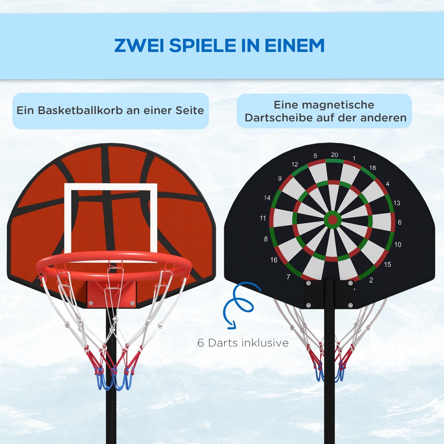 Höjdjusterbar basketbåge med magnetisk darttavla