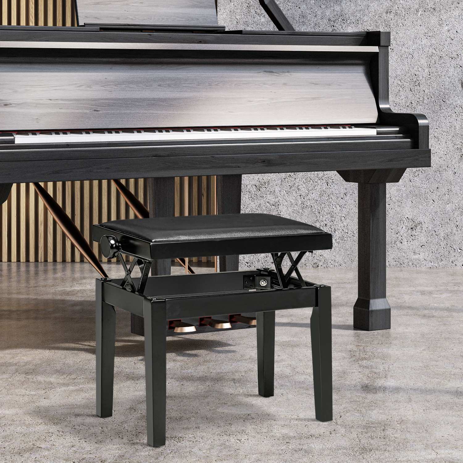 Höjdjusterbar pianobänk med läderkudde, svart