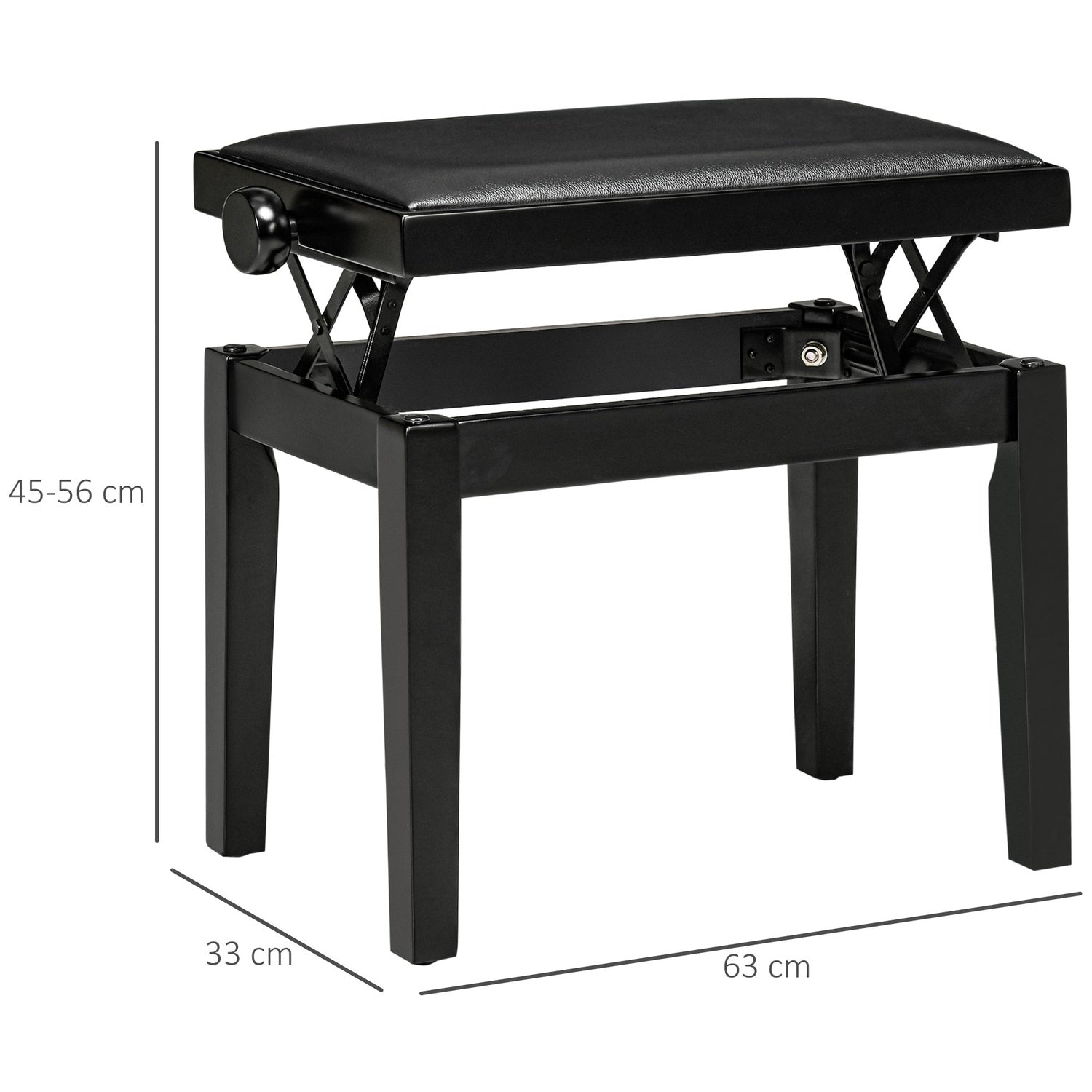 Höjdjusterbar pianobänk med läderkudde, svart