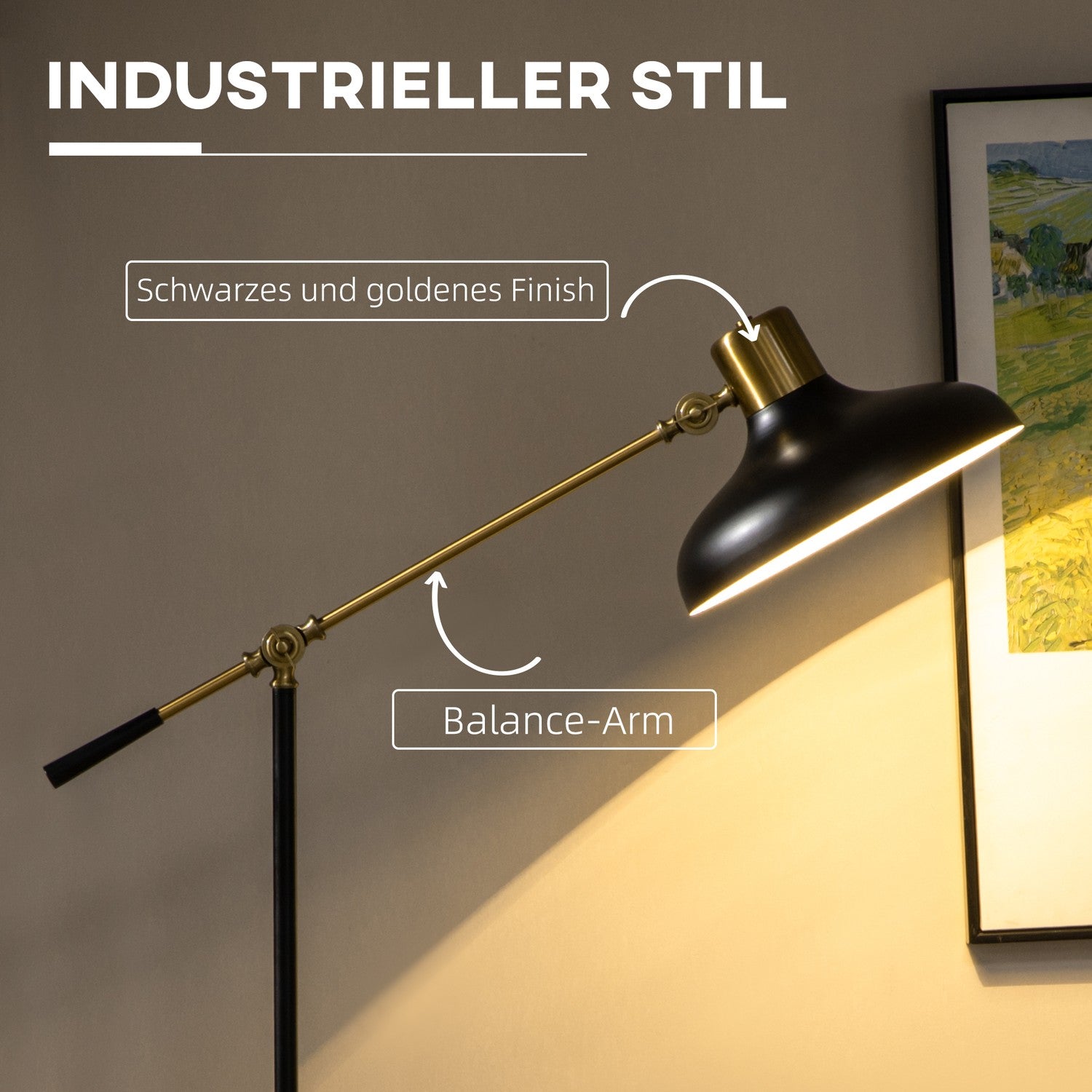 Höjdjusterbar svart båggolvlampa, E27 Sockel, 40W