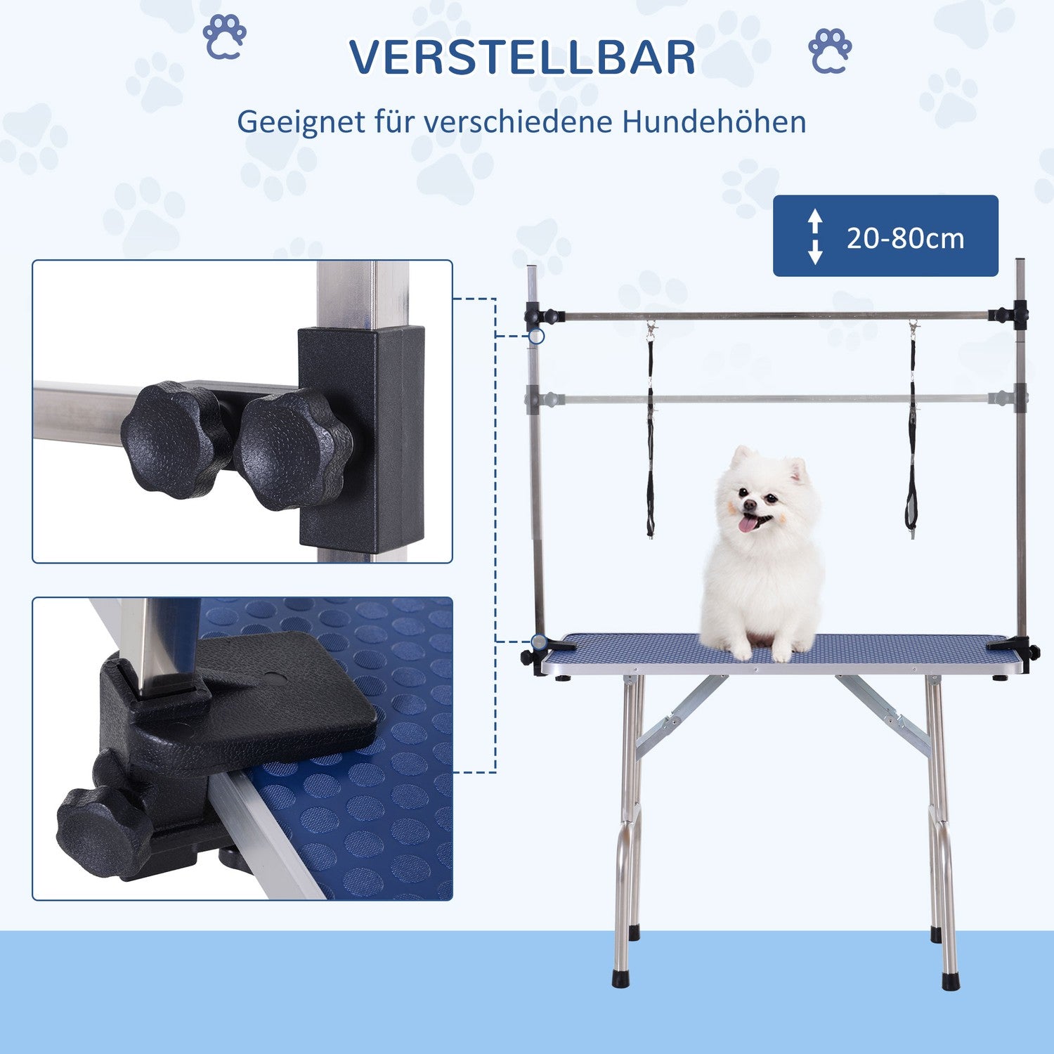 Höjdjusterbart hundskötselbord i rostfritt stål, blått