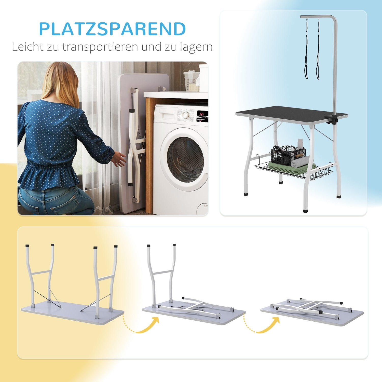 Höjdjusterbart hundvårdsbord, hopfällbart med lyftselar