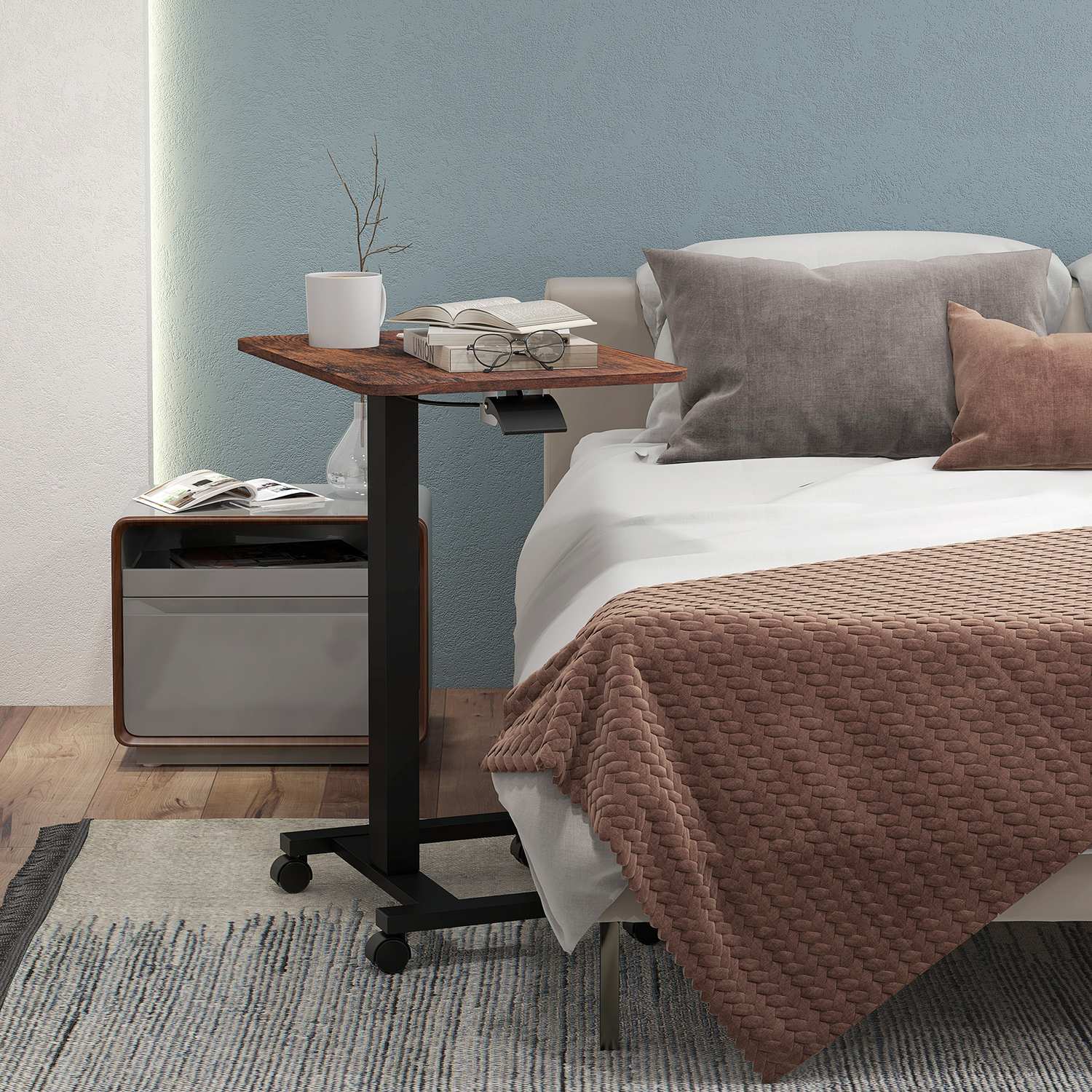 Höjdjusterbar bärbar dator, rustik brun, hjul och broms