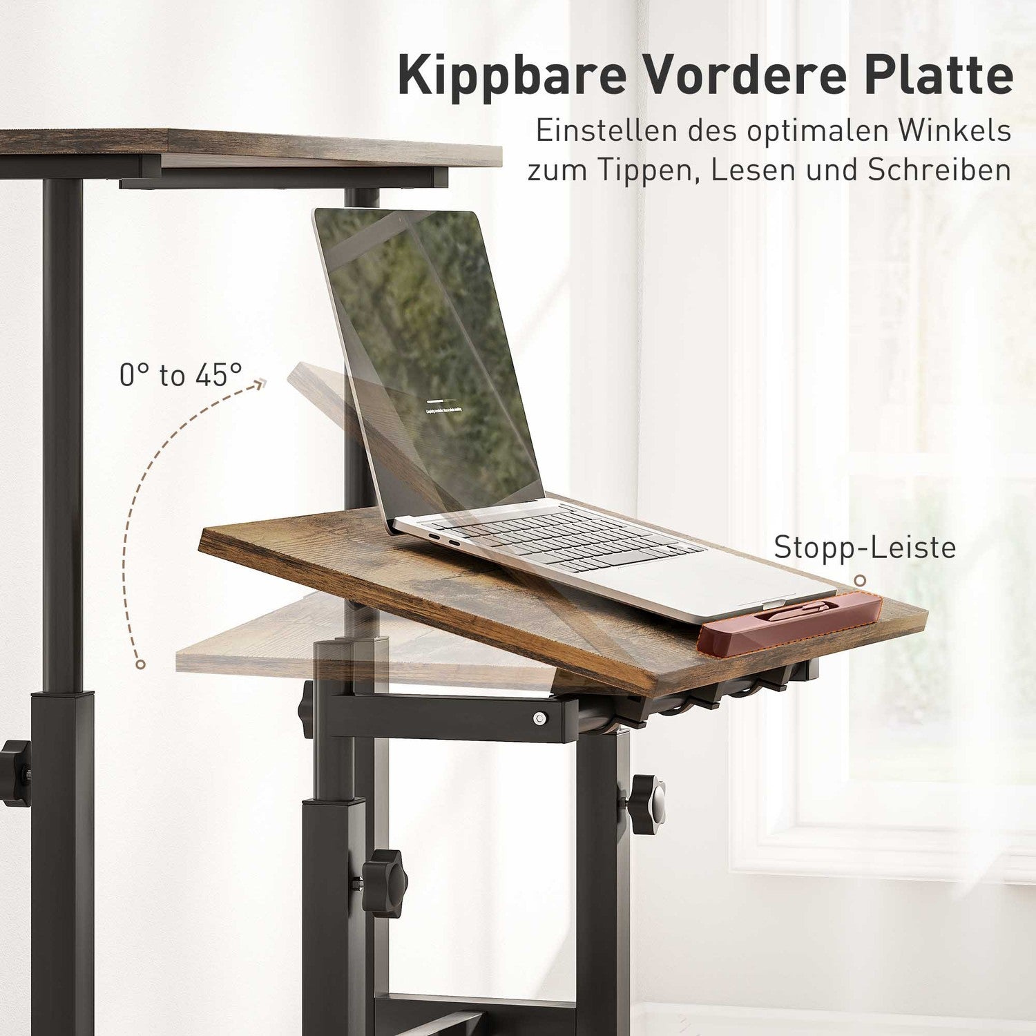 Höjdjusterbart skrivbord med hylla och hjul, rustik brun