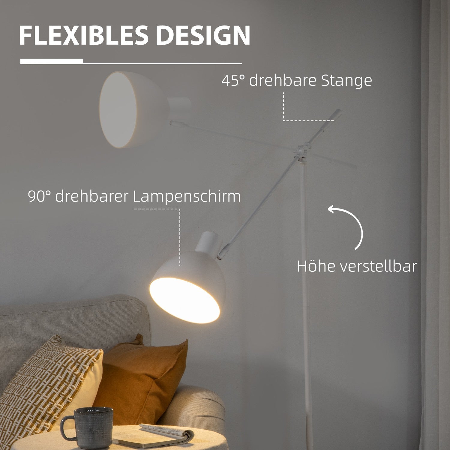 Höjdjusterbar vit bågeläslampa, E27-sockel