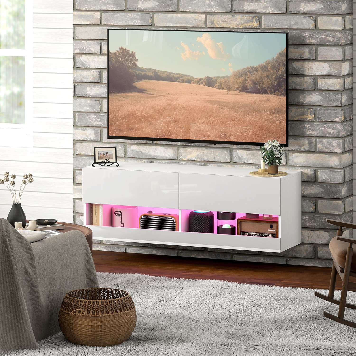 TV-väggskåp med LED-ljus, 16 lägen, glansvit