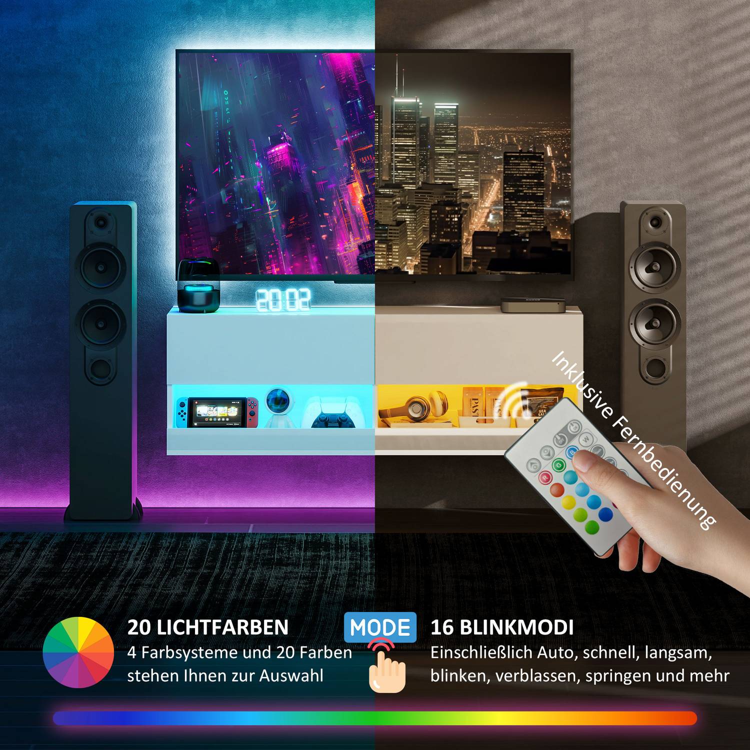 TV-väggskåp med LED-ljus, 16 lägen, glansvit
