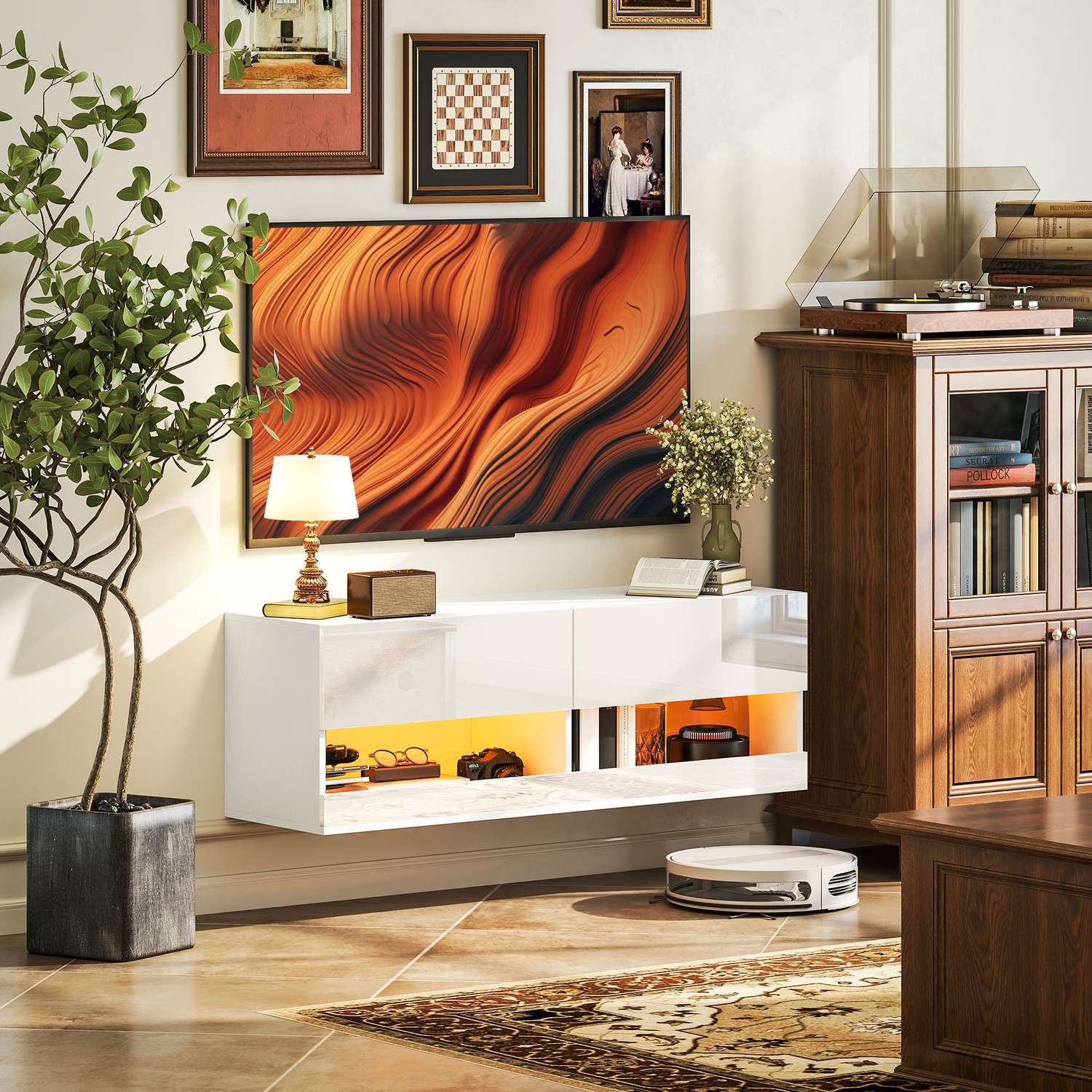 TV-väggskåp med LED-ljus, 16 lägen, glansvit