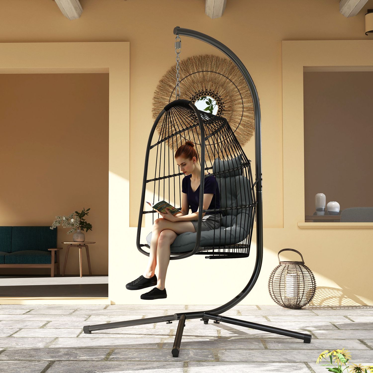 Hängstol med kudde av polyrattan, 150 kg kapacitet, mörkgrå