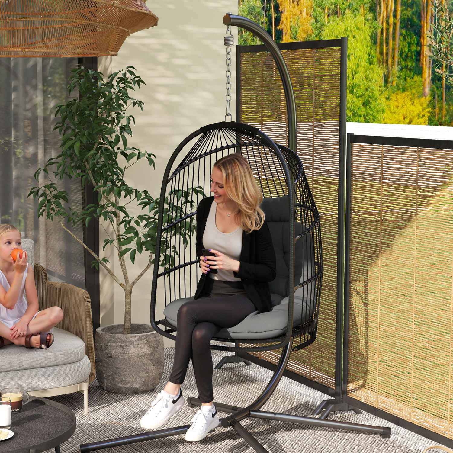 Hängstol med kudde av polyrattan, 150 kg kapacitet, mörkgrå