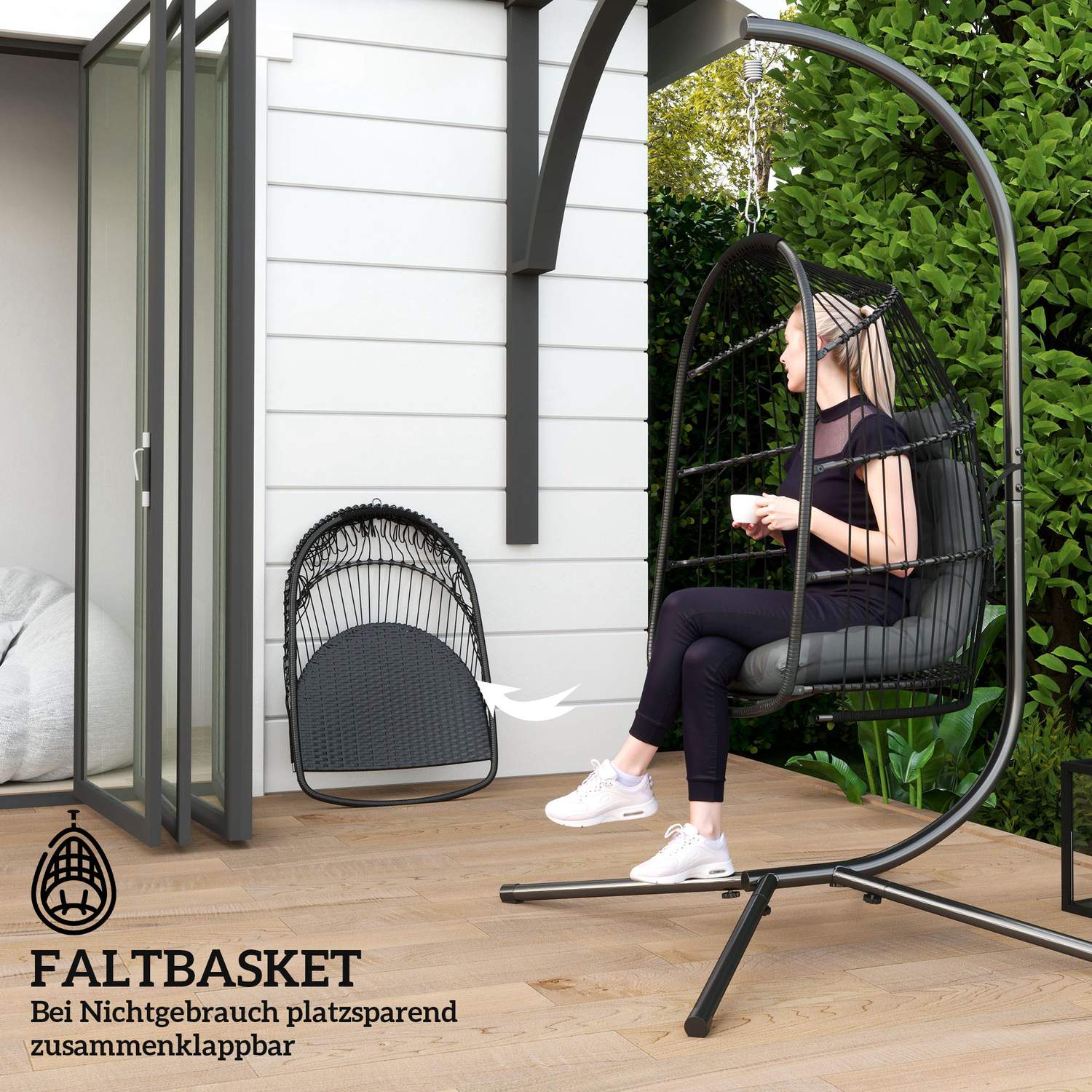 Hängstol med kudde av polyrattan, 150 kg kapacitet, mörkgrå