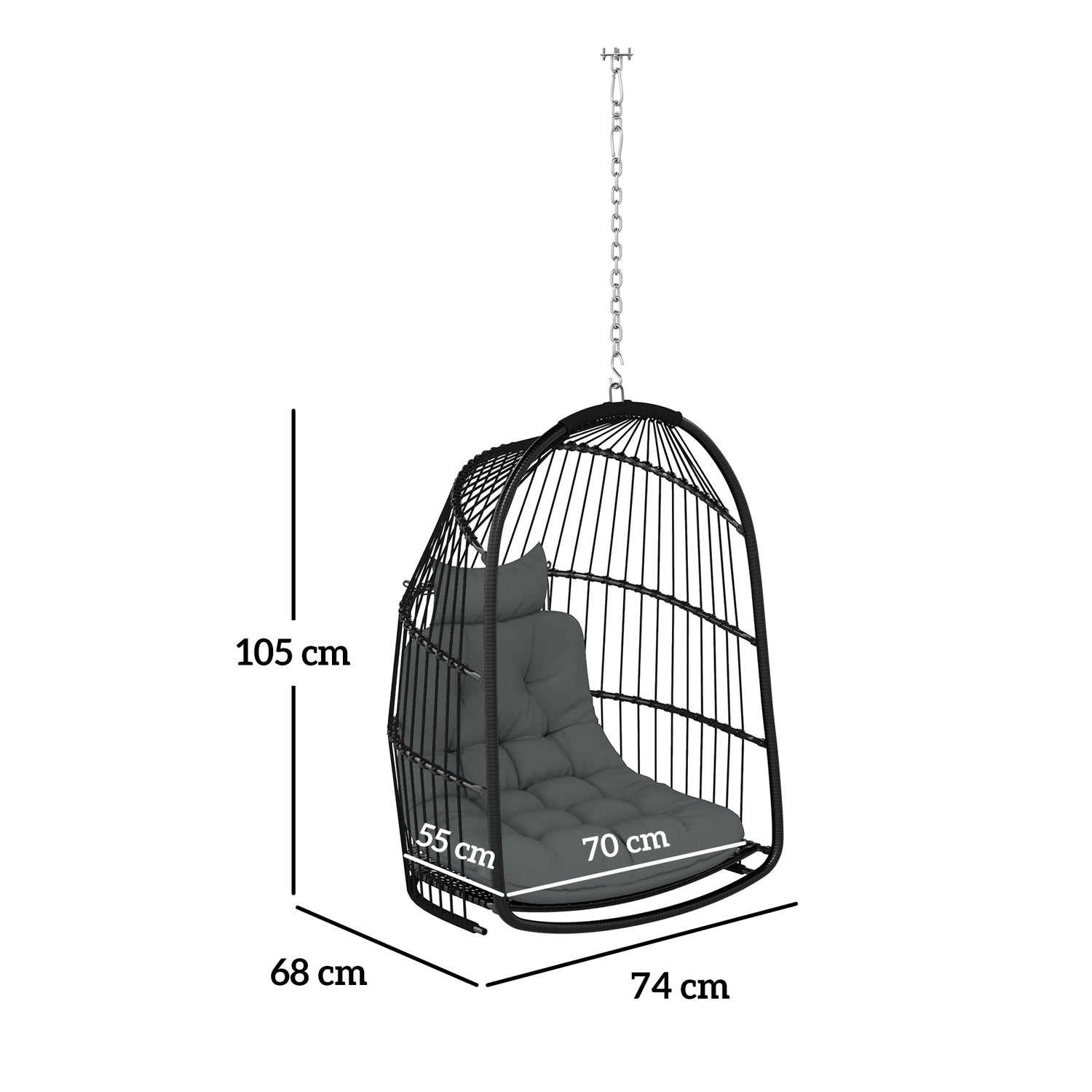 Hängstol med kudde av polyrattan, 150 kg kapacitet, mörkgrå