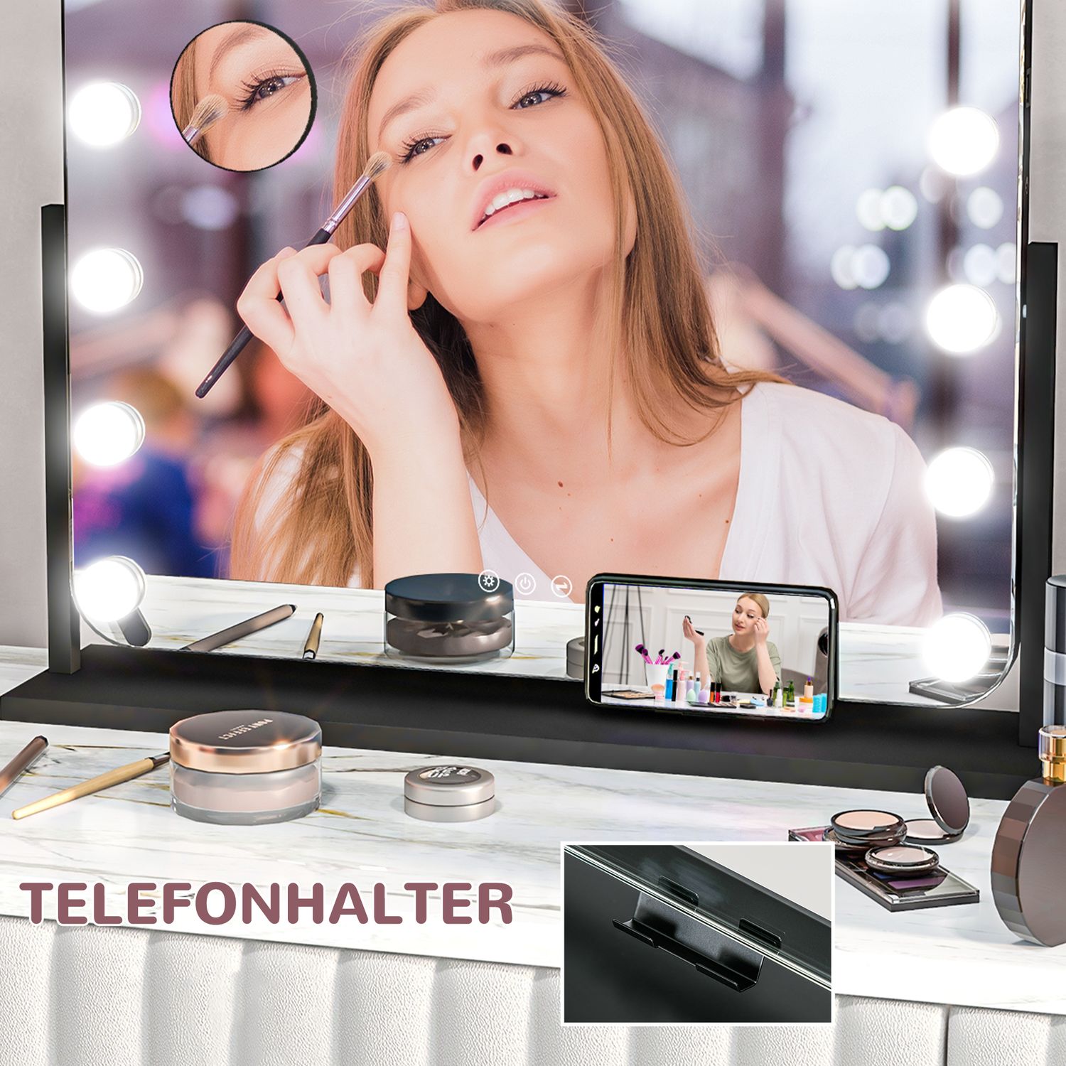 Hollywood sminkspegel med lampor, 15 lysdioder, svart, 3 lägen