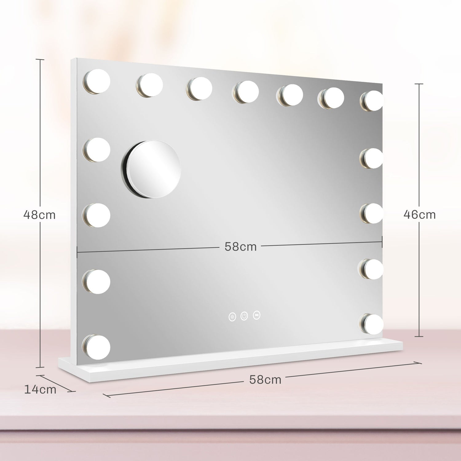 Hollywood sminkspegel, 15 LED, 3 lägen, 10X förstoring, USB