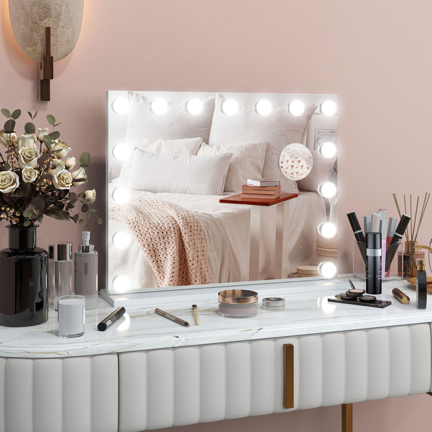 Hollywood sminkspegel, 15 LED, 3 lägen, 10X förstoring, USB