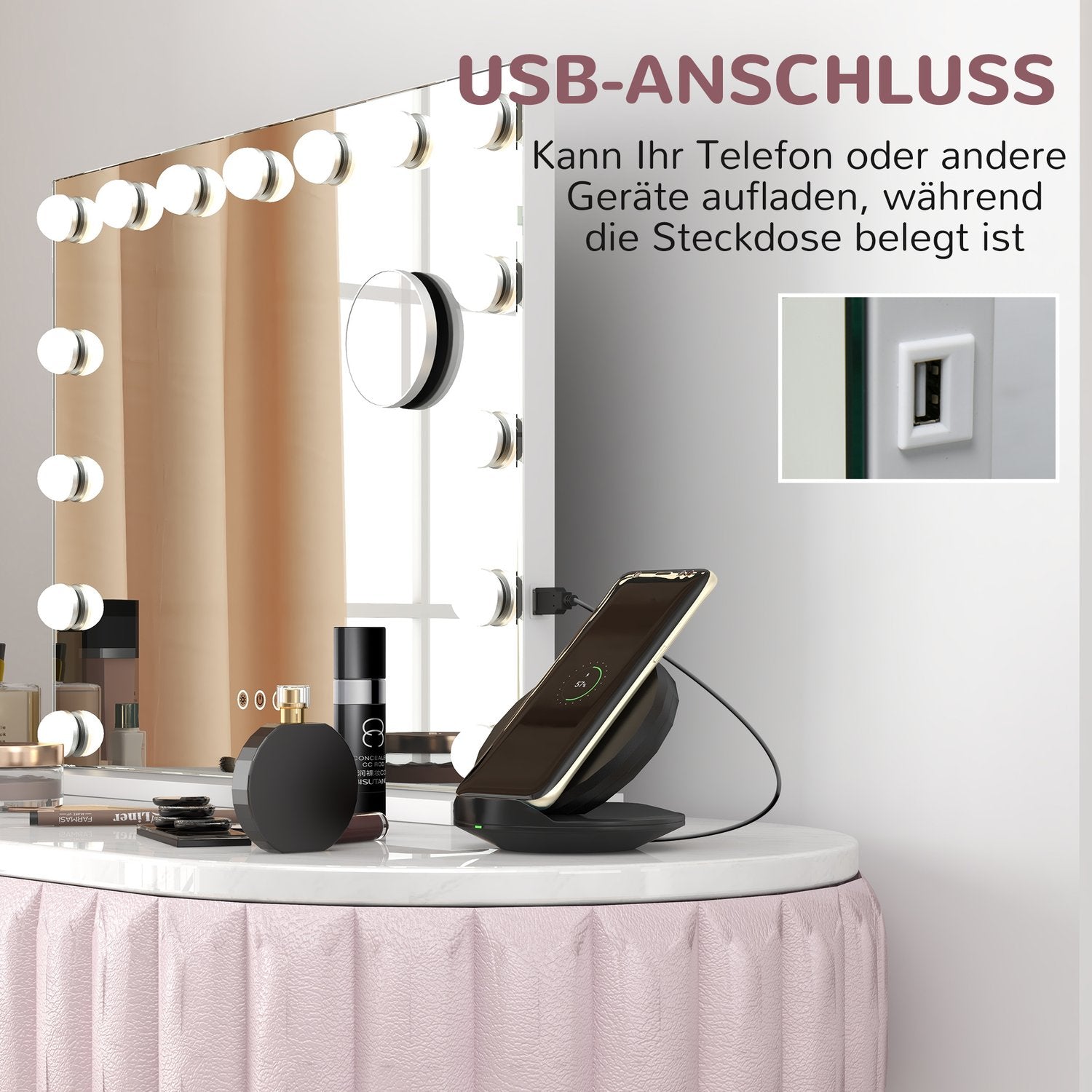 Hollywood sminkspegel, 15 LED, 3 lägen, 10X förstoring, USB