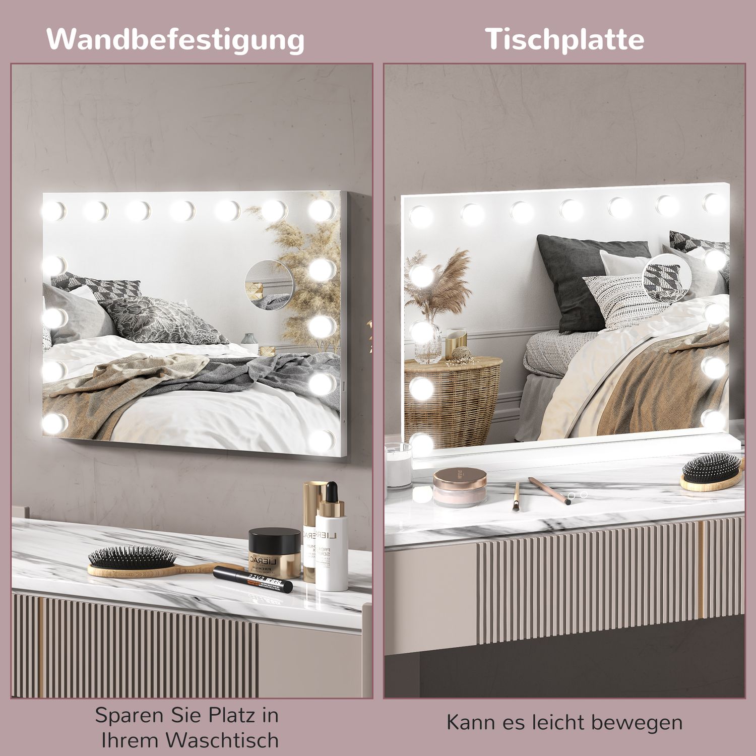Hollywood sminkspegel, 15 LED, 3 lägen, 10X förstoring, USB
