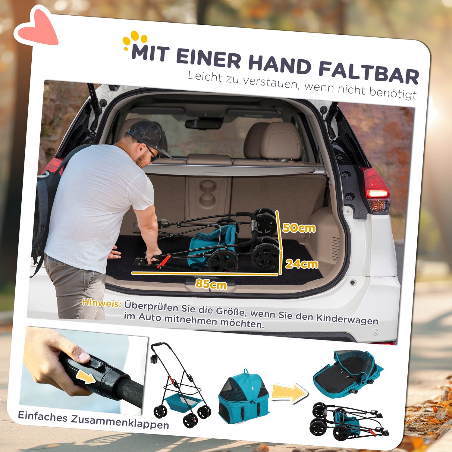 Hopfällbar 3-i-1 hund- och kattvagn med dryckeshållare