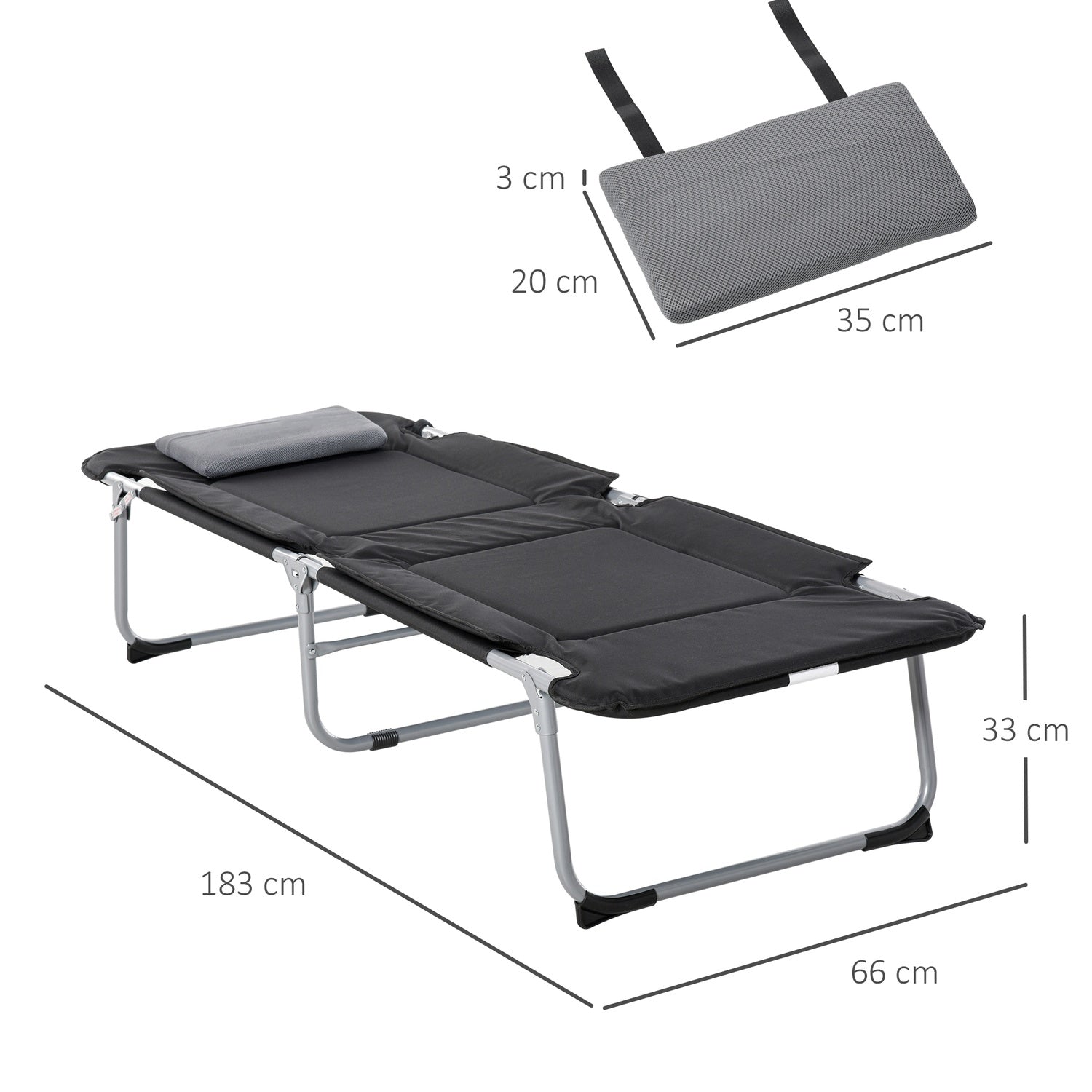Lätt bärbar campingsäng med kudde, 183x66x33cm