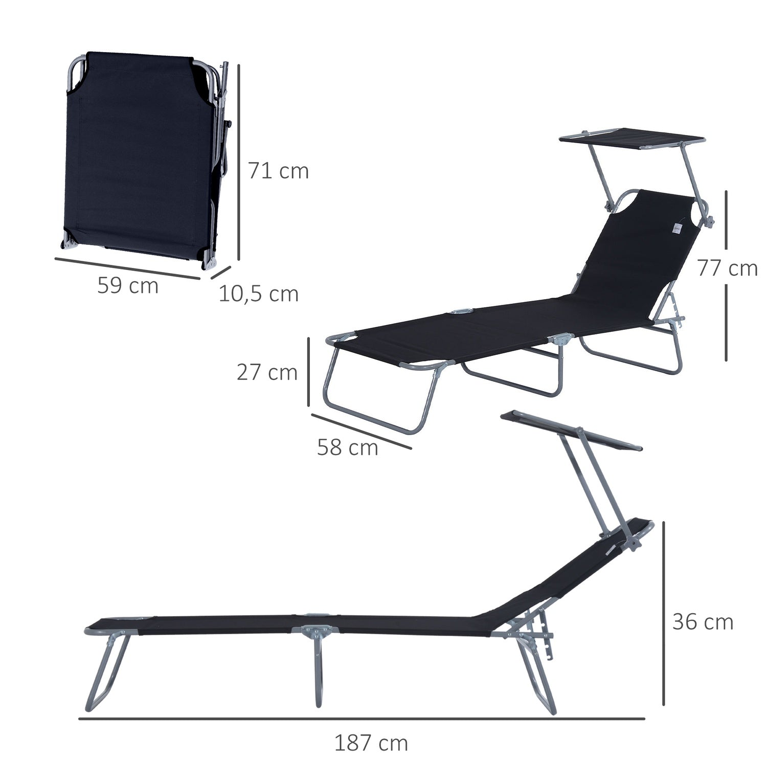 Svart hopfällbar solstol med solskydd, 187x58x36 cm