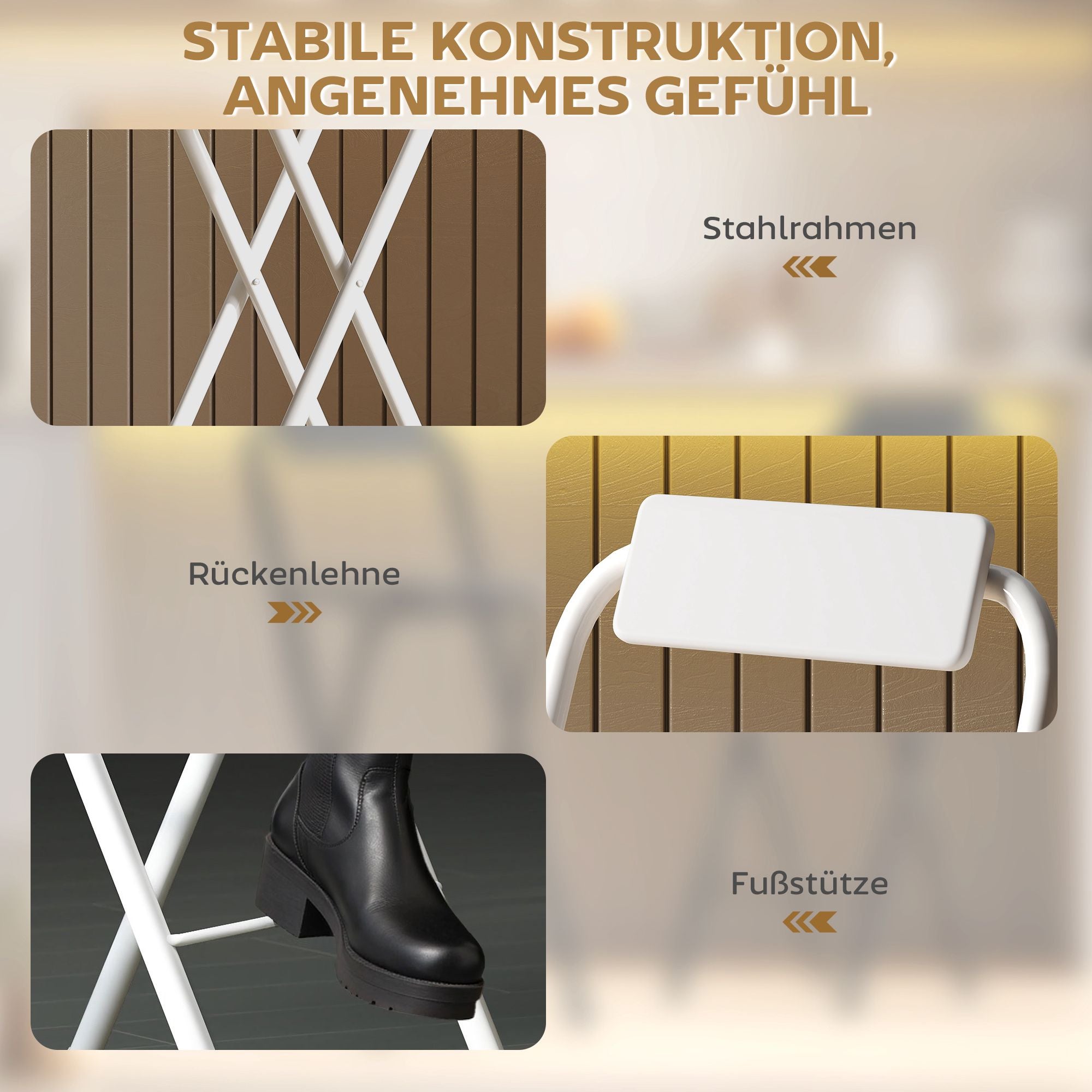 Hopfällbara barstolar, set om 2 med stålram, vit