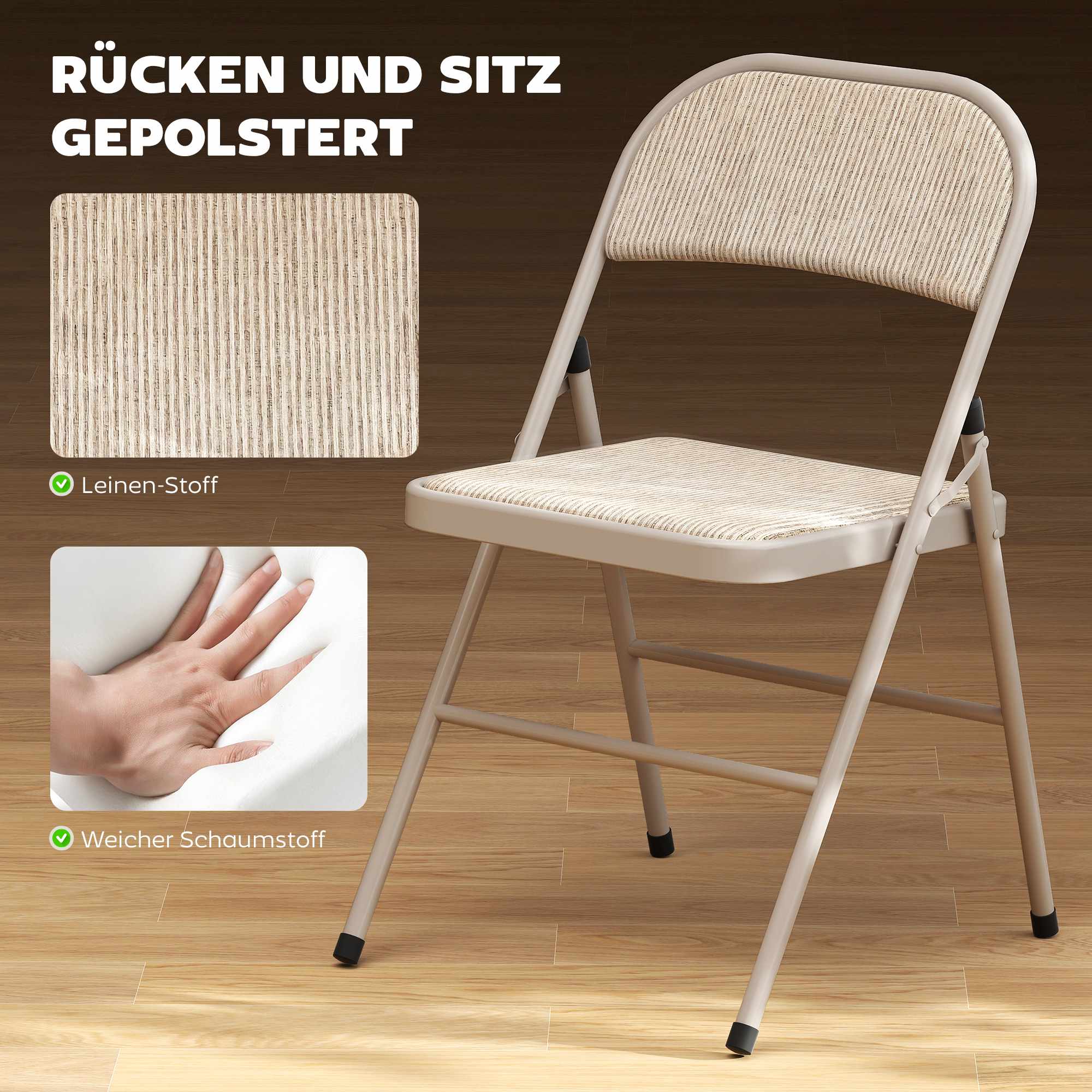 Hopfällbara stolar 2-pack, metallben, linne-look, beige
