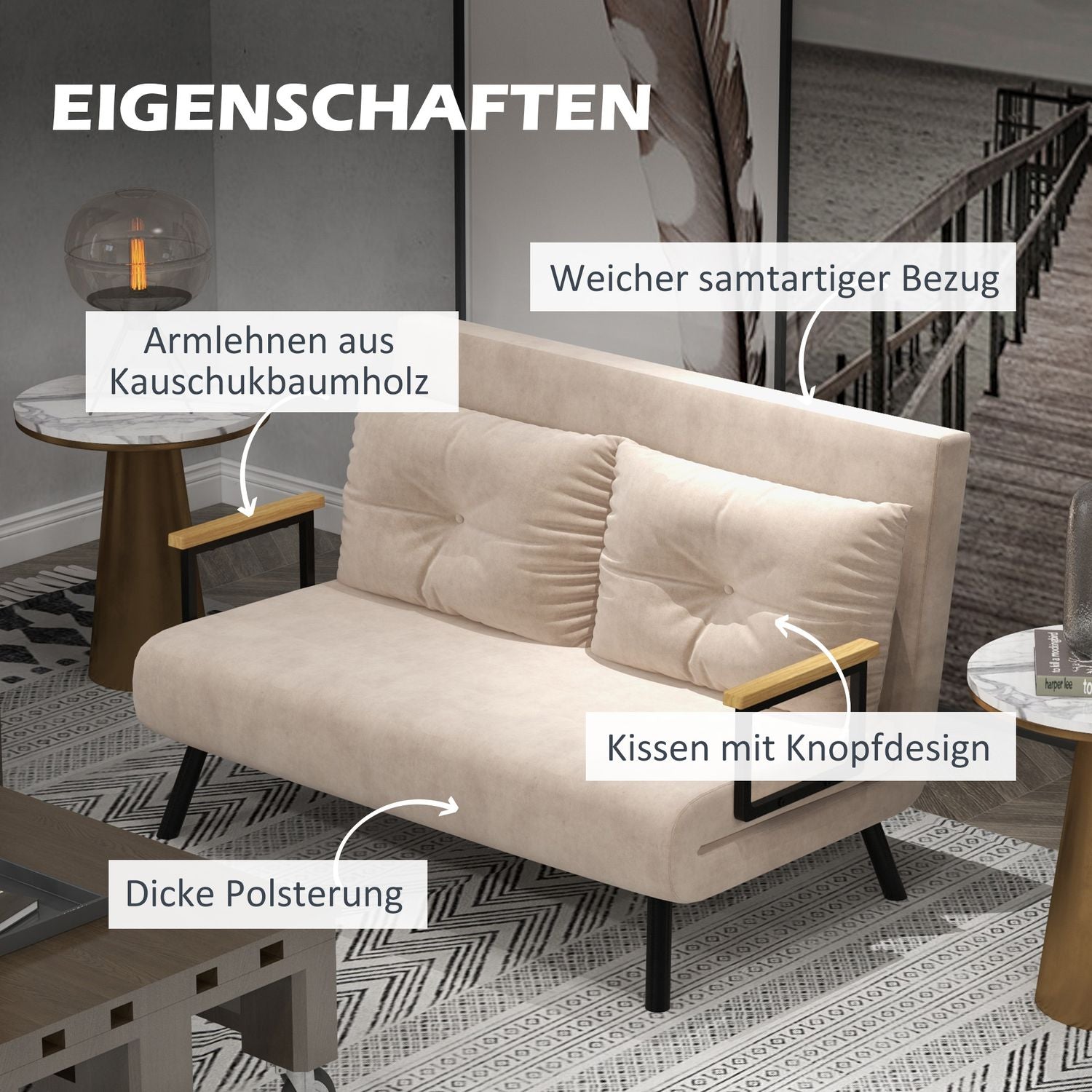 Hopfällbar bäddsoffa i sammetslook, justerbar, beige, 102x73x81 cm