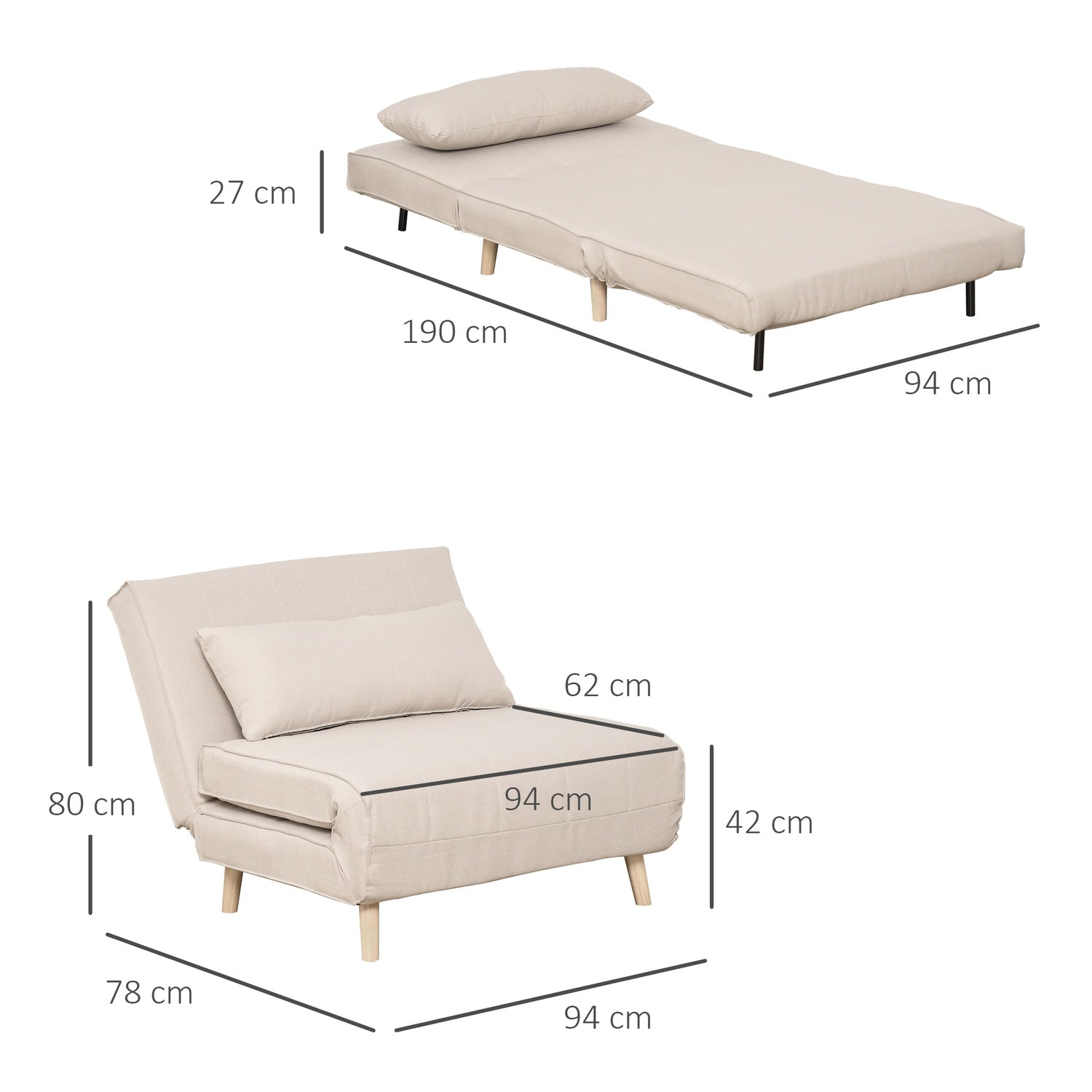 Hopfällbar bäddsoffa med justerbart ryggstöd, linne-look