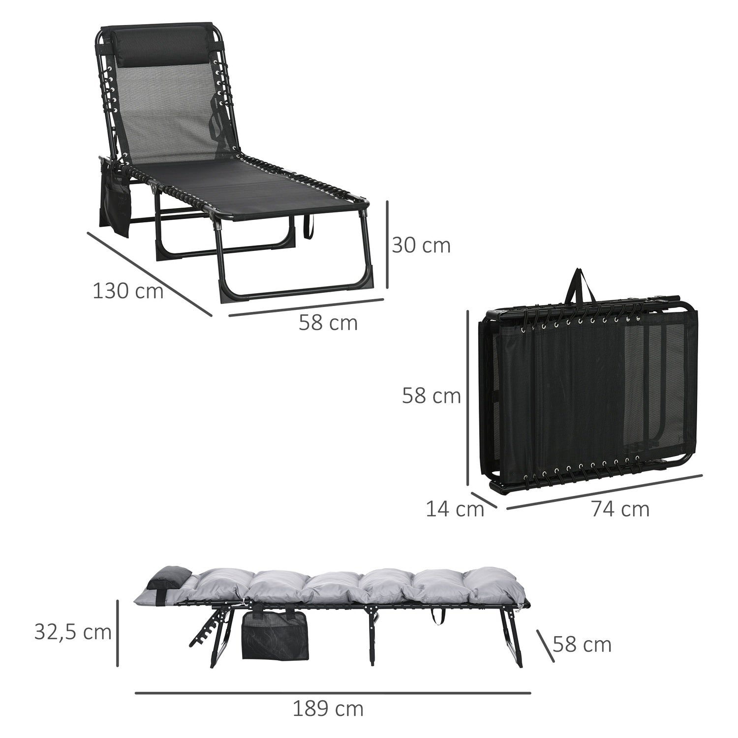 Hopfällbar campingsäng med väska – Justerbar till 120 kg, ljusgrå