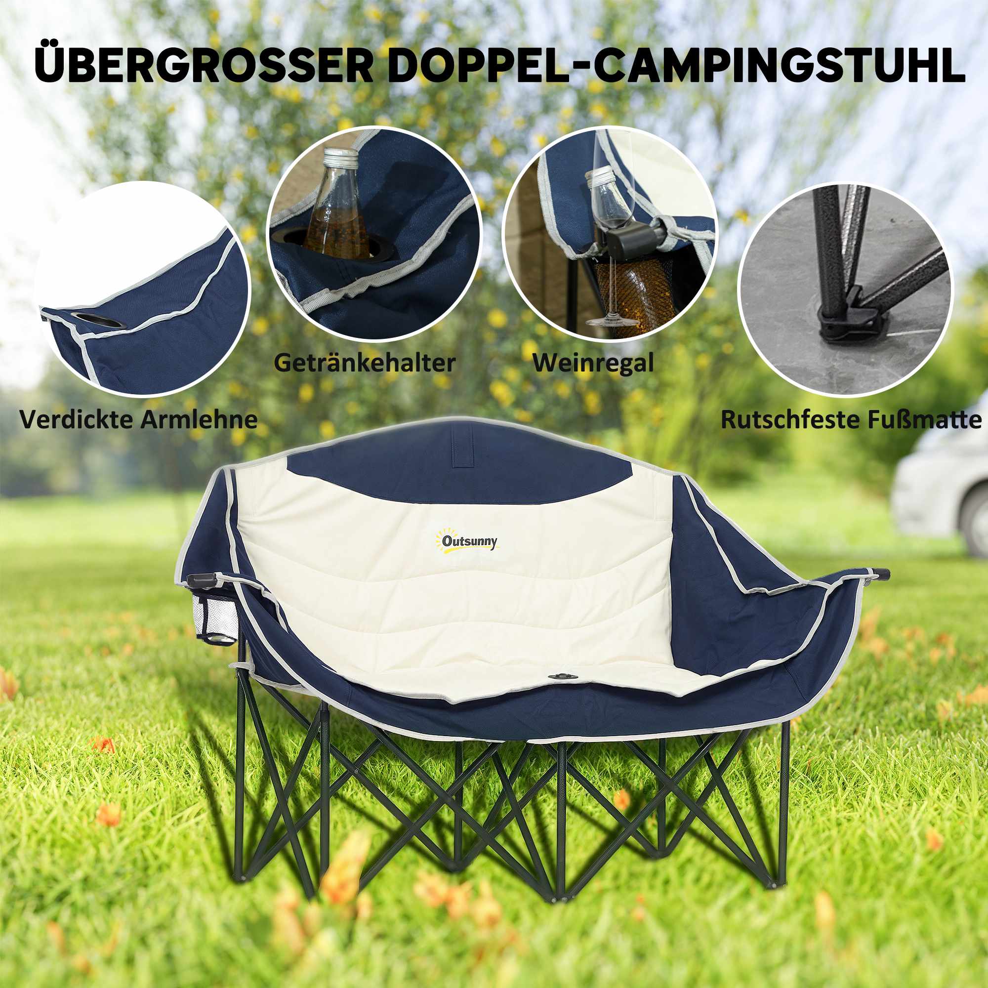 Hopfällbar campingstol, dubbla stoppade säten, 250 kg kapacitet
