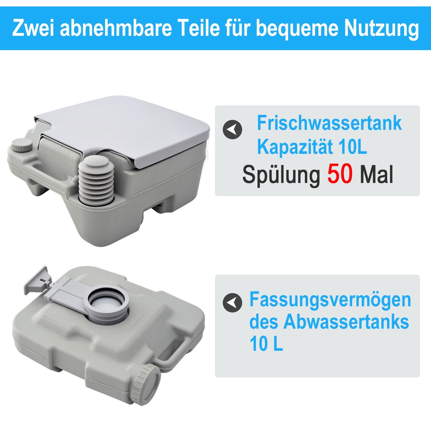 Hopfällbar campingtoalett, 200kg Kapacitet, 10L, Grå