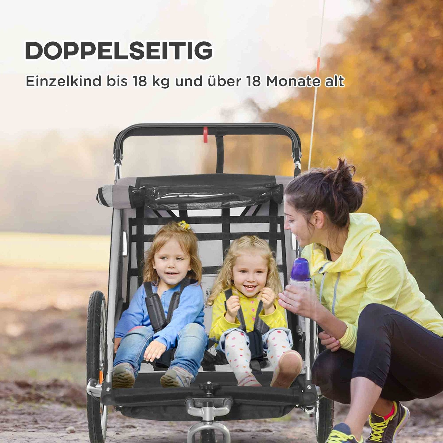 Hopfällbar cykelbarnvagn för 2, 18+ månader, grå