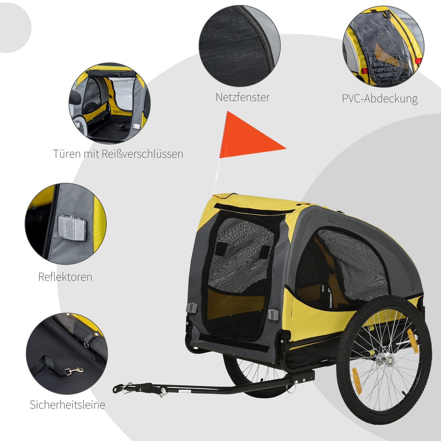 Hopfällbar hundcykelvagn med nätfönster och reflexer