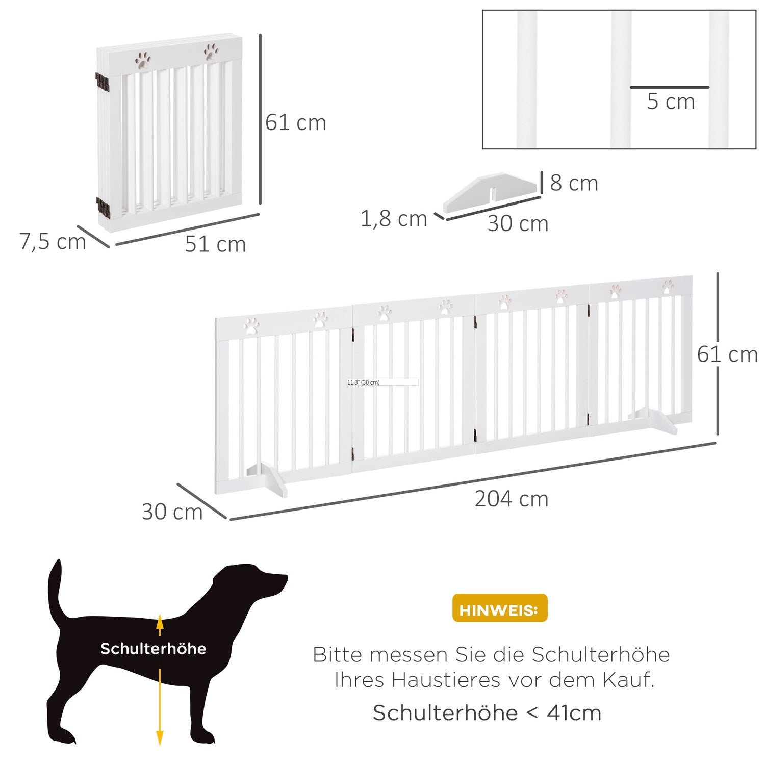 Hopfällbar hundgrind i trä, 4 delar, 204x61cm, Vit