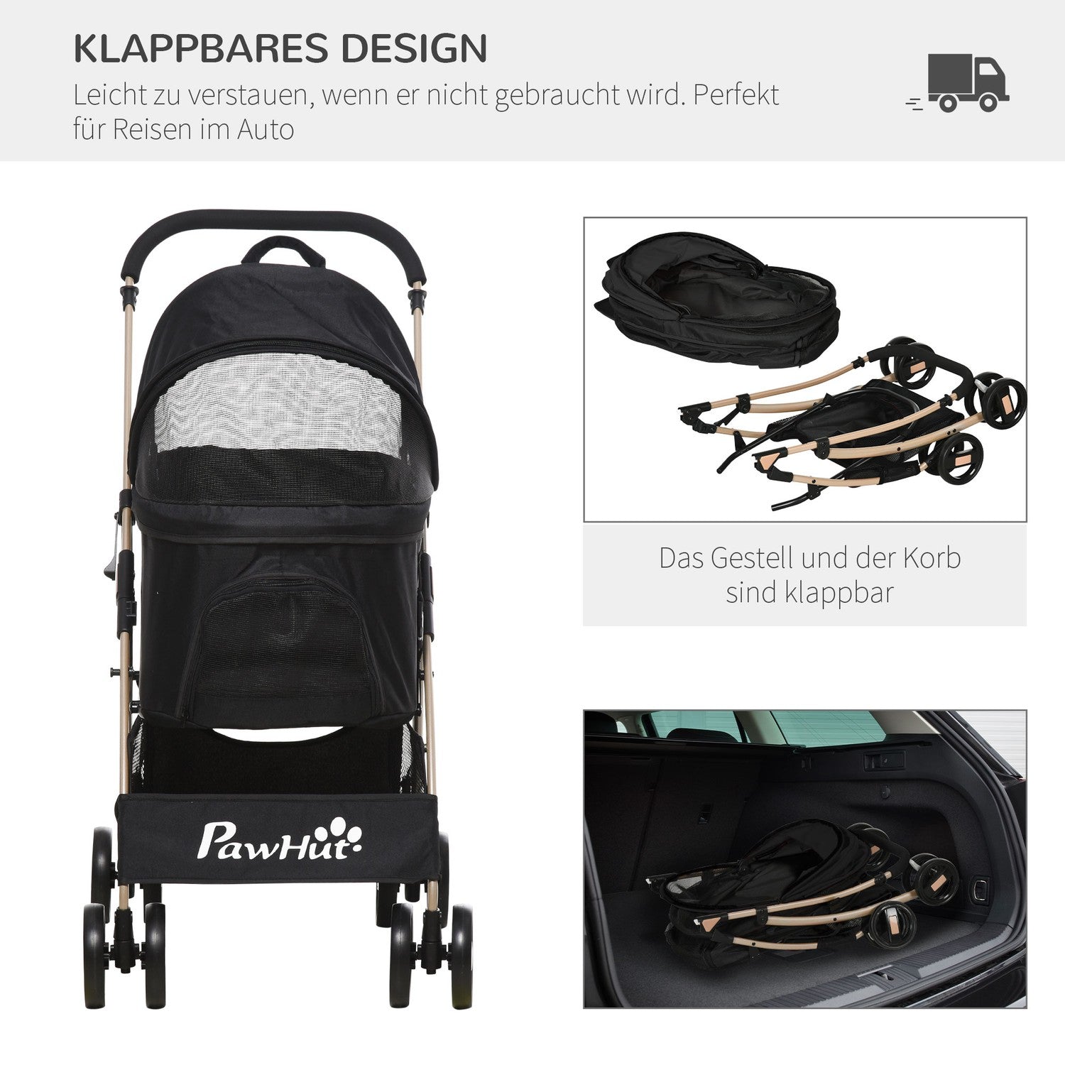 Hopfällbar hundvagn & vagn med kudde, nätfönster