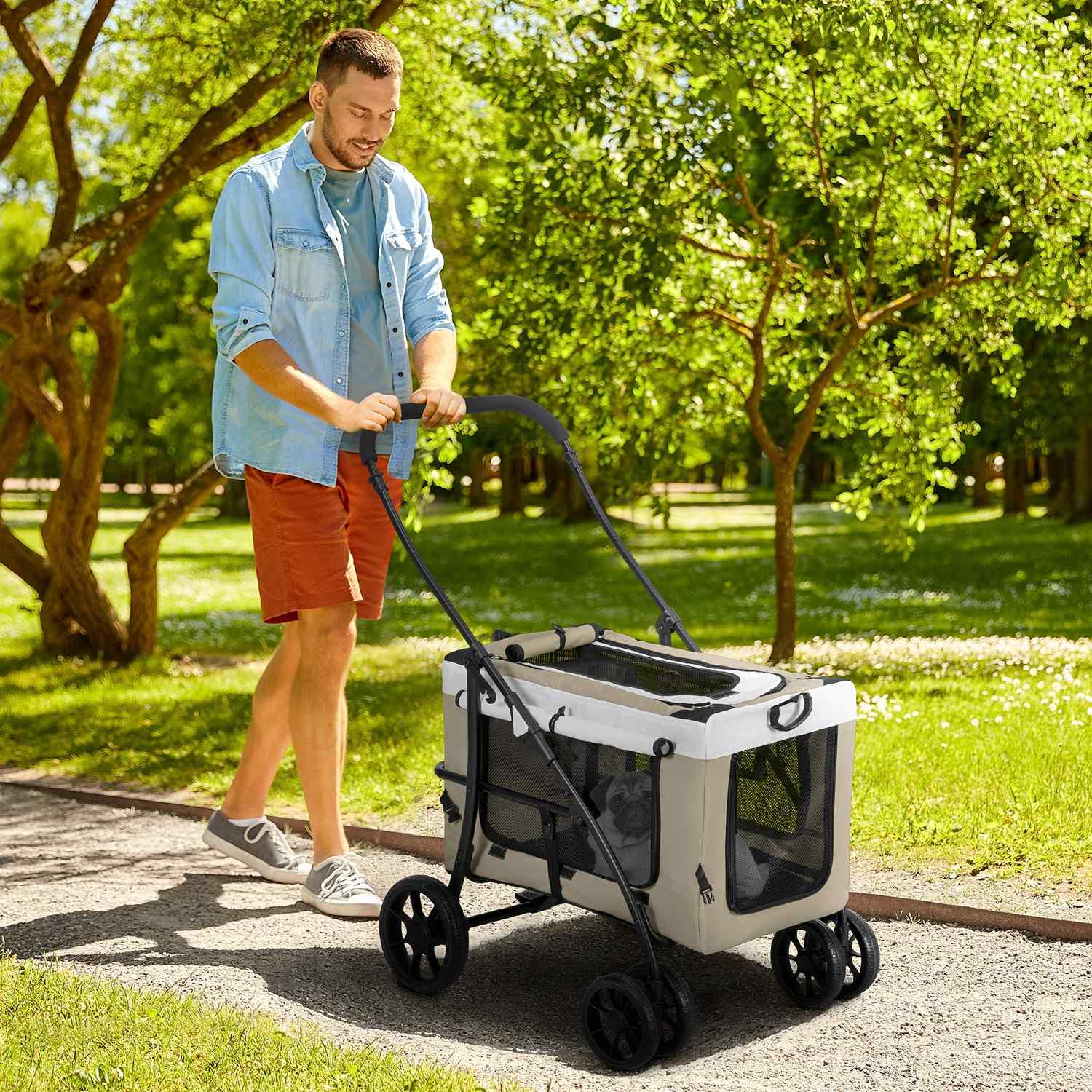 Hopfällbar husdjursvagn – Avtagbar väska, 4-hjulsbromsar