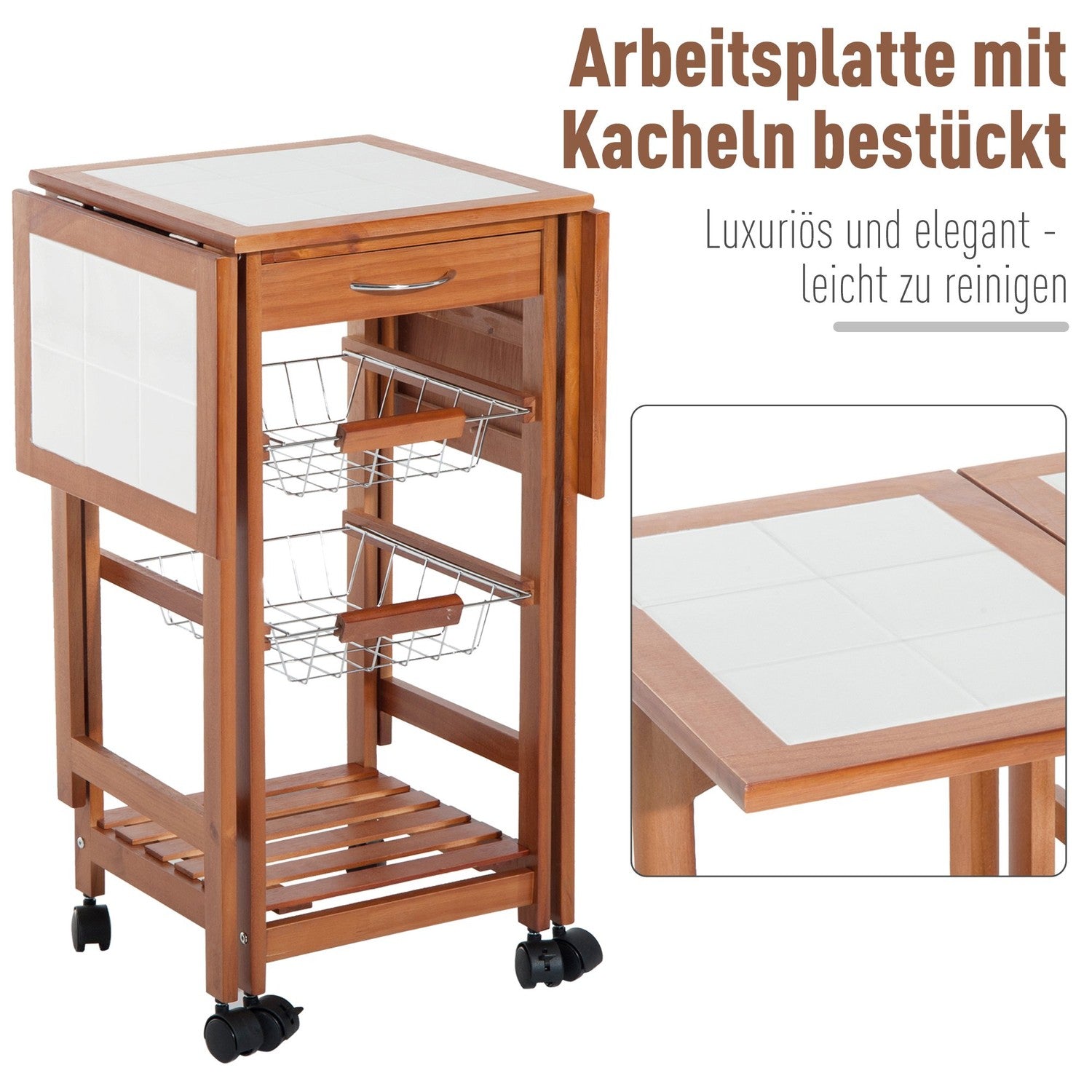 Hopfällbar köksvagn med lådor – platsbesparande & praktiskt