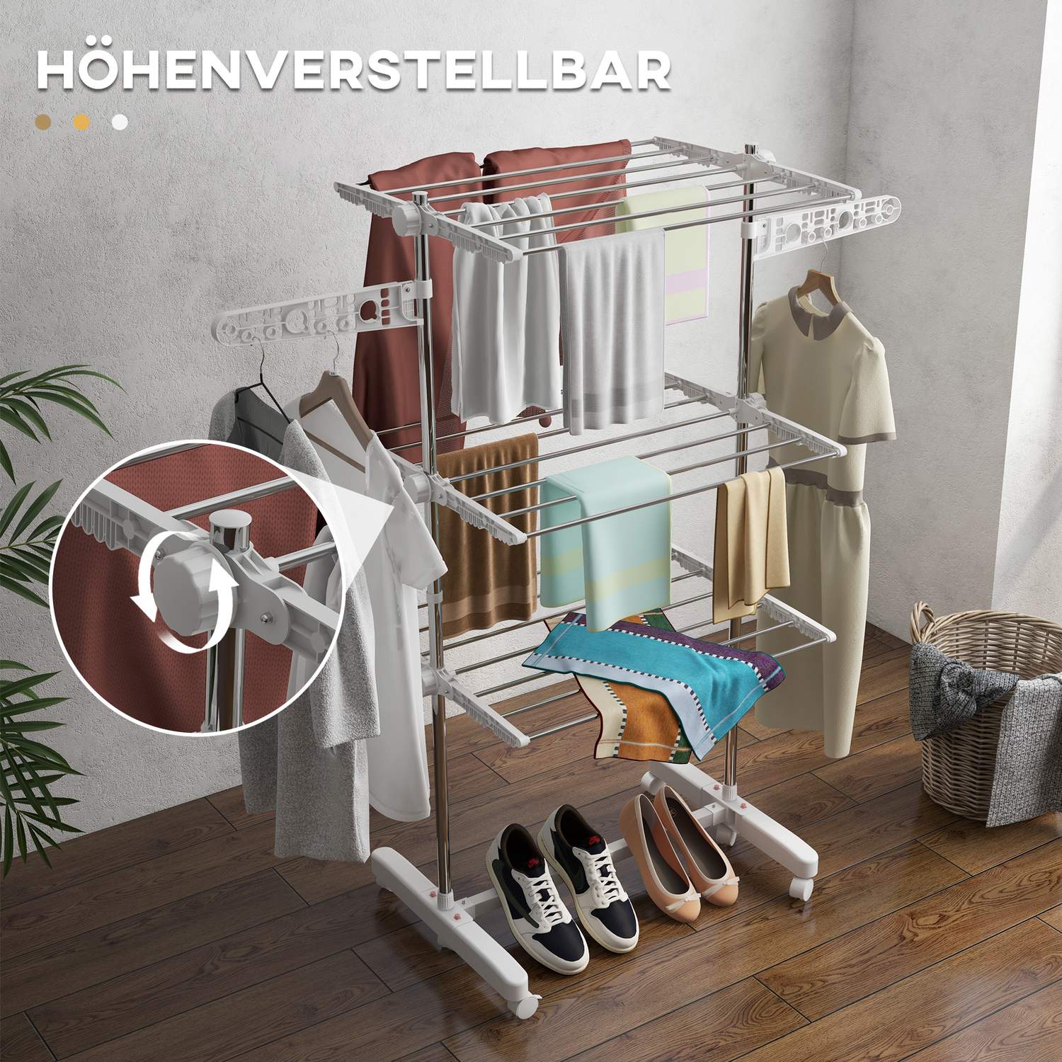 Hopfällbar mobil klädluftare, 3 nivåer, 80-142 cm Justerbar