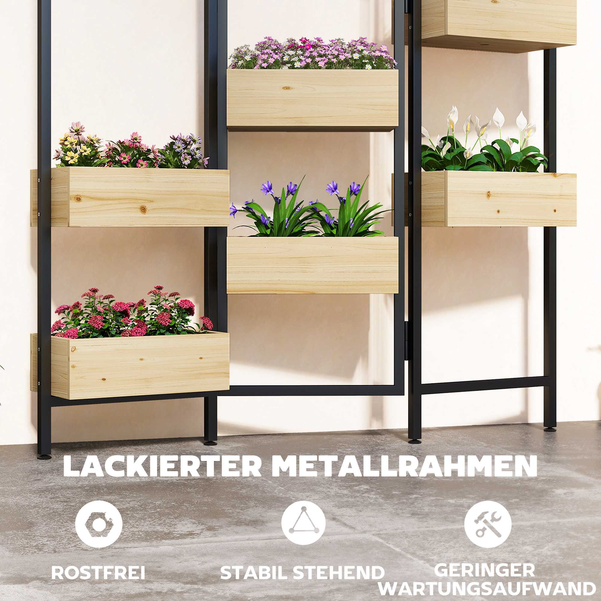 Hopfällbar planteringsavdelare – 6 trälådor, stålram