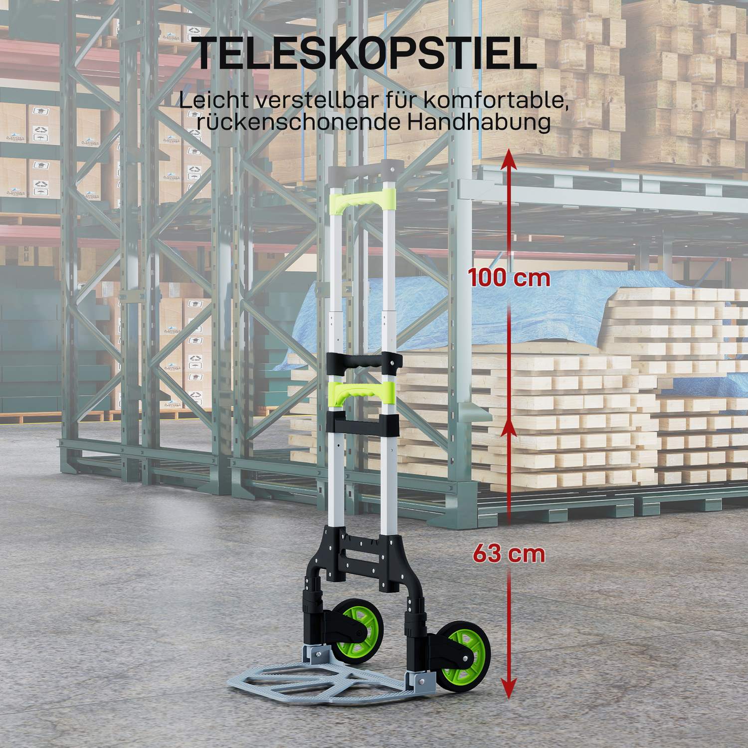 Hopfällbar säckvagn i aluminium, teleskophandtag, 100 cm