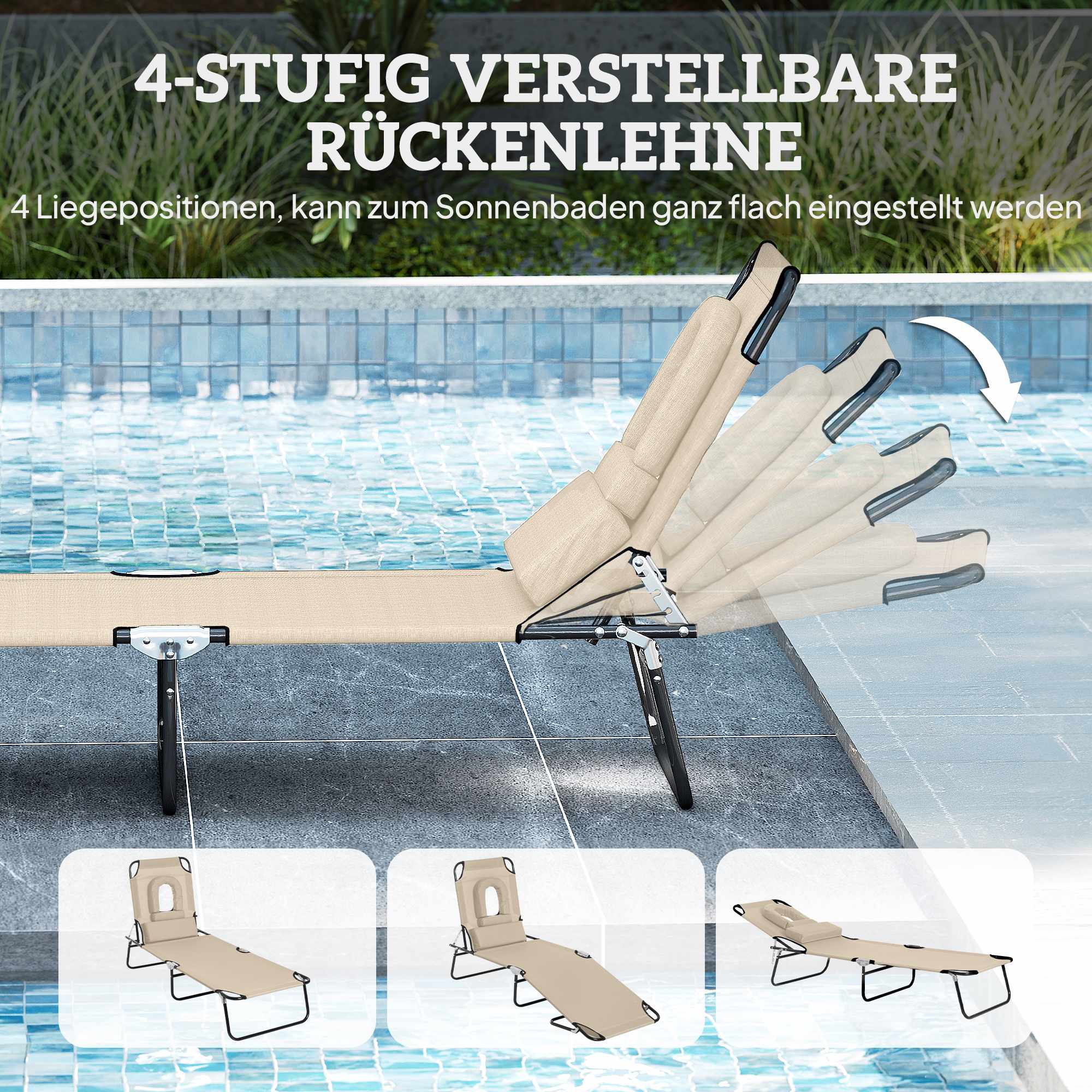 Hopfällbar solsäng med ansiktshål, stålram, beige