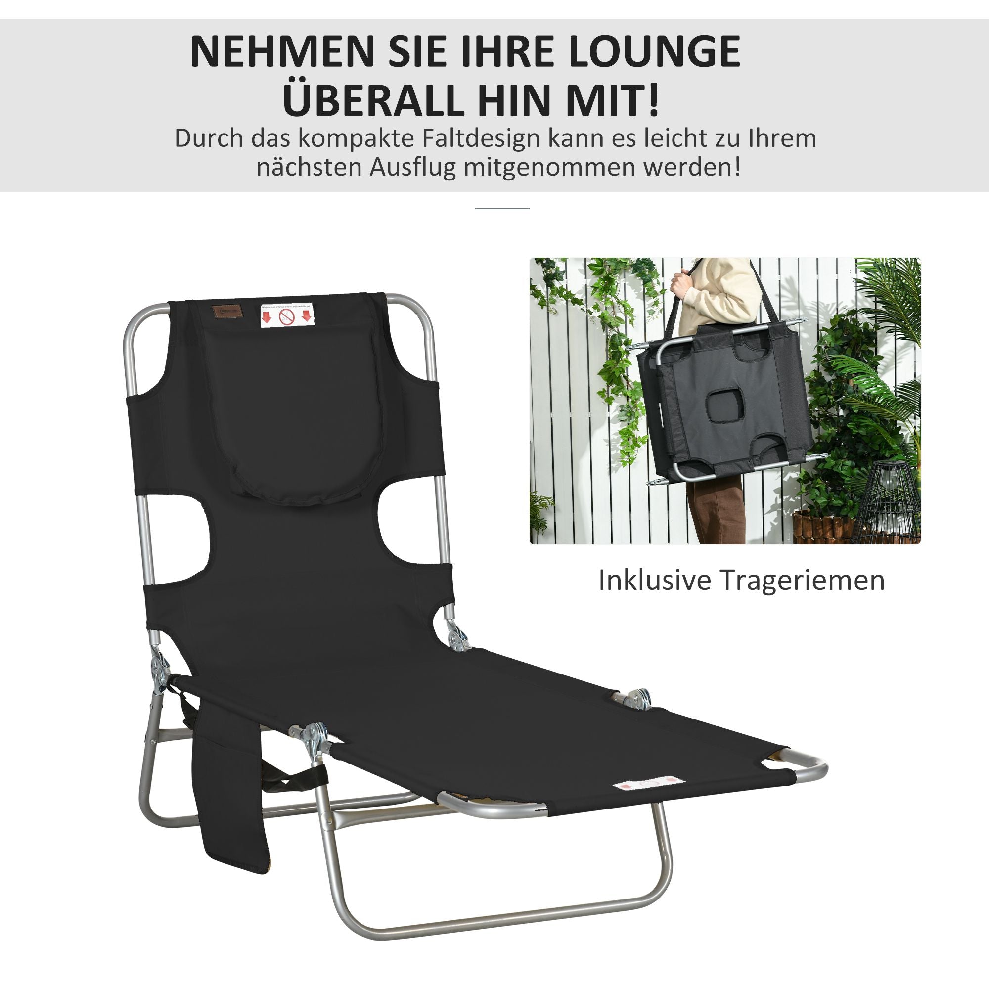 Hopfällbar solsäng med justerbart ryggstöd och ansiktshål