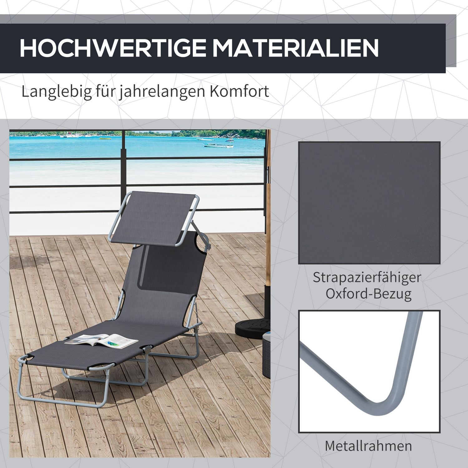 Hopfällbar solstol med solskydd, Grå - 187x58x36 cm