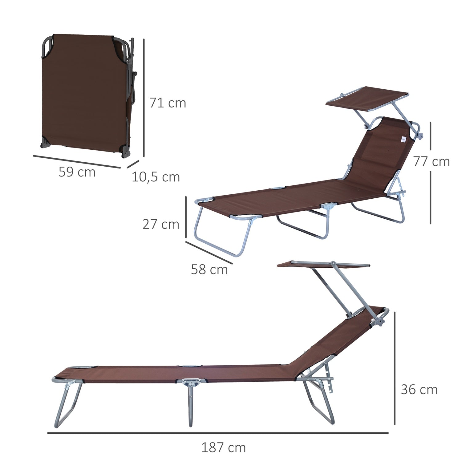 Hopfällbar solstol med solskydd, brun, 187x58x36 cm
