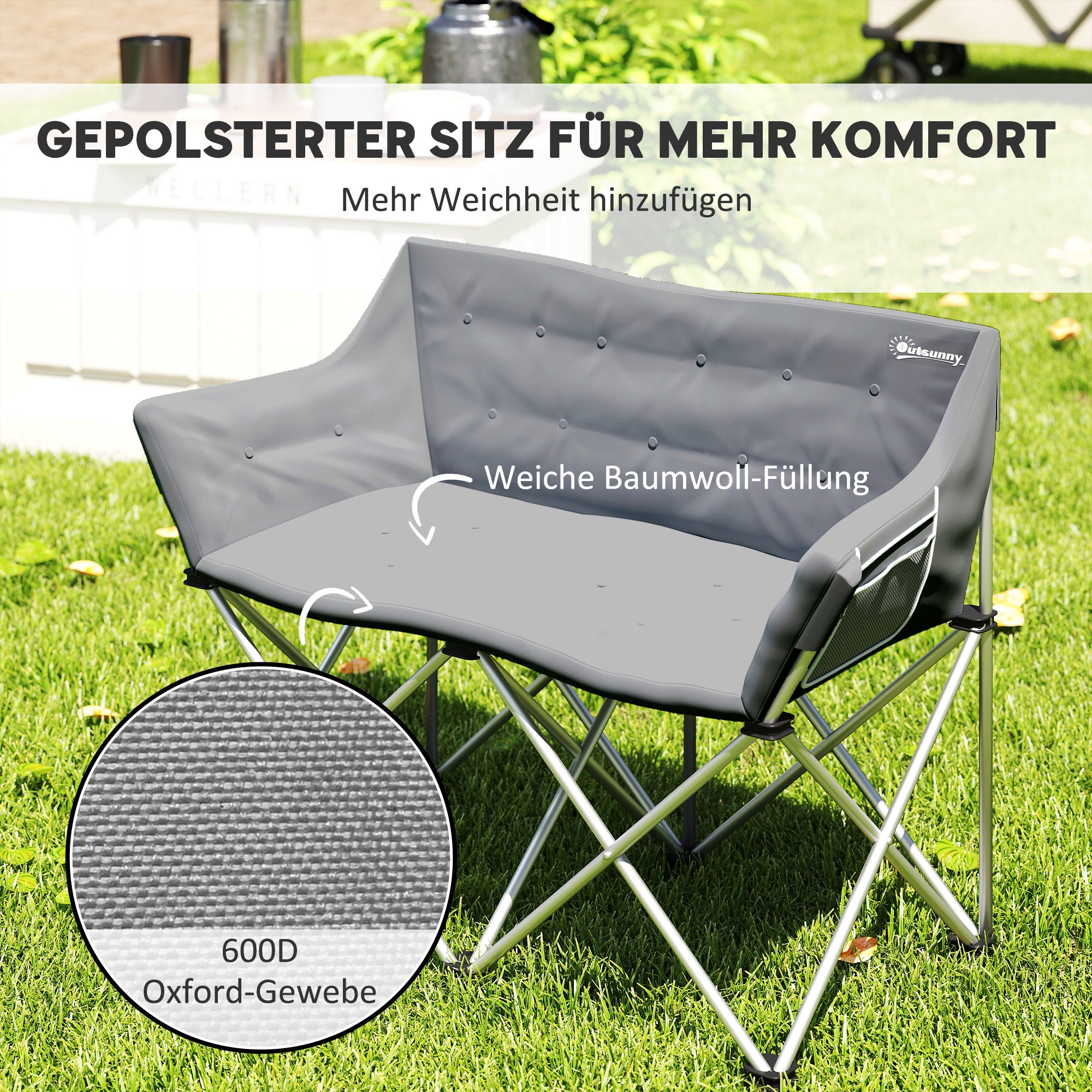 Fällbar 2-sits campingstol med armstöd, kapacitet 240 kg