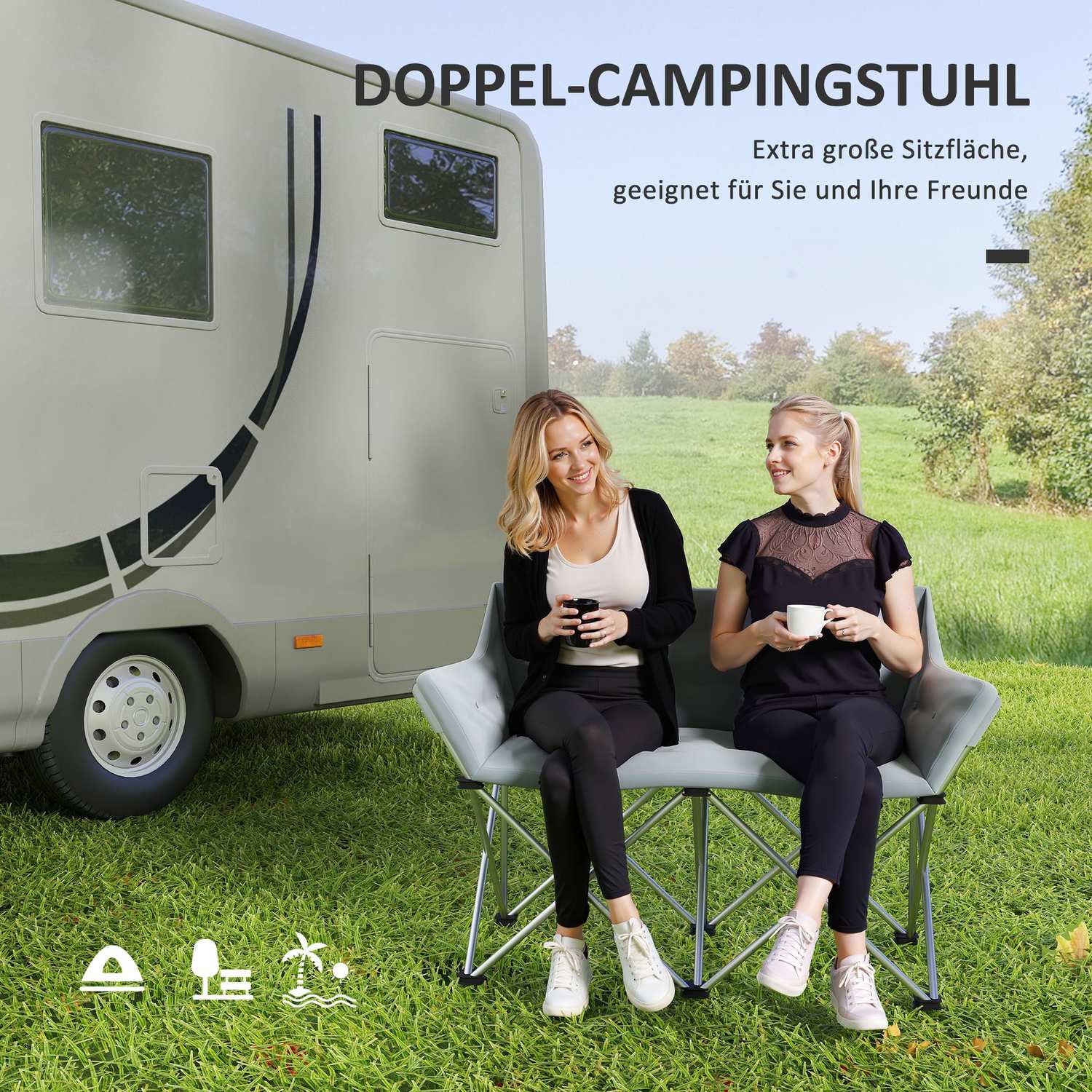 Fällbar 2-sits campingstol med armstöd, kapacitet 240 kg