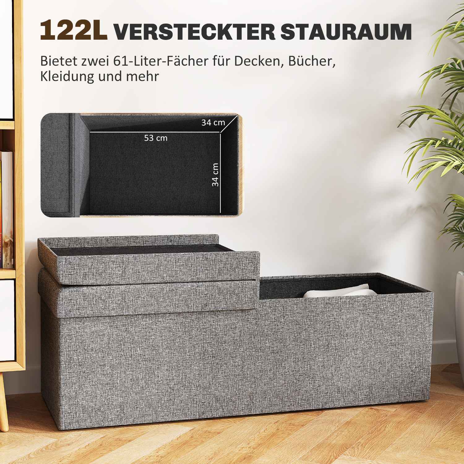 Hopfällbar stoppad bänk, linnelook, 110x38x38 cm mörkgrå