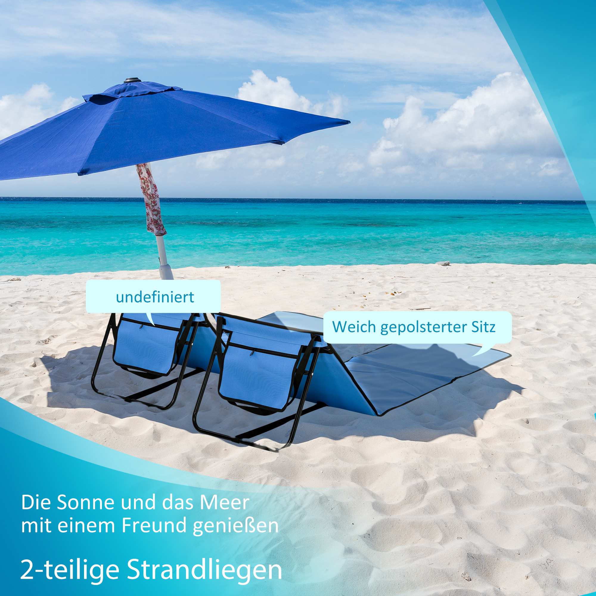 Hopfällbar strandloungeset, stålram, blå, 2-pack