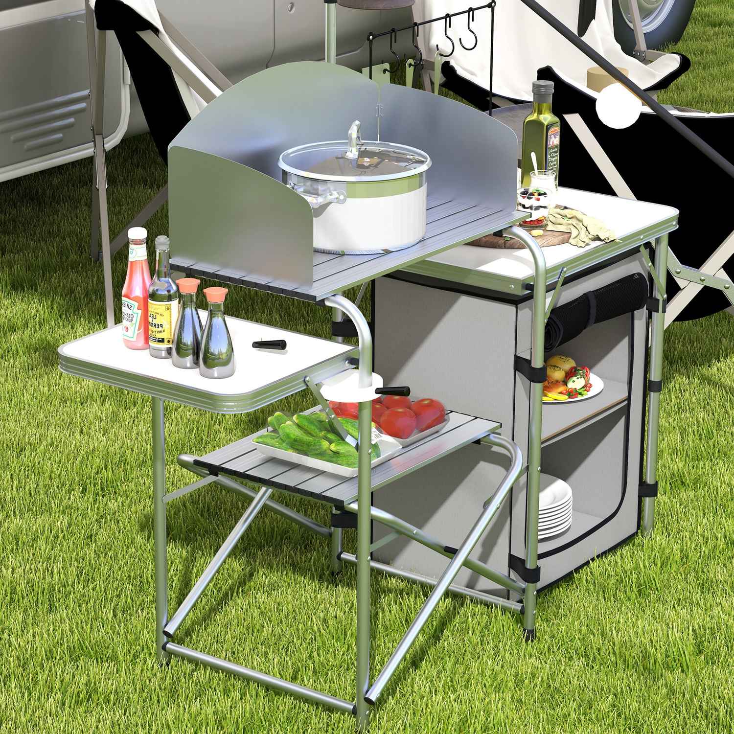 Utomhusfällbart campingkök med UV- och vindskydd