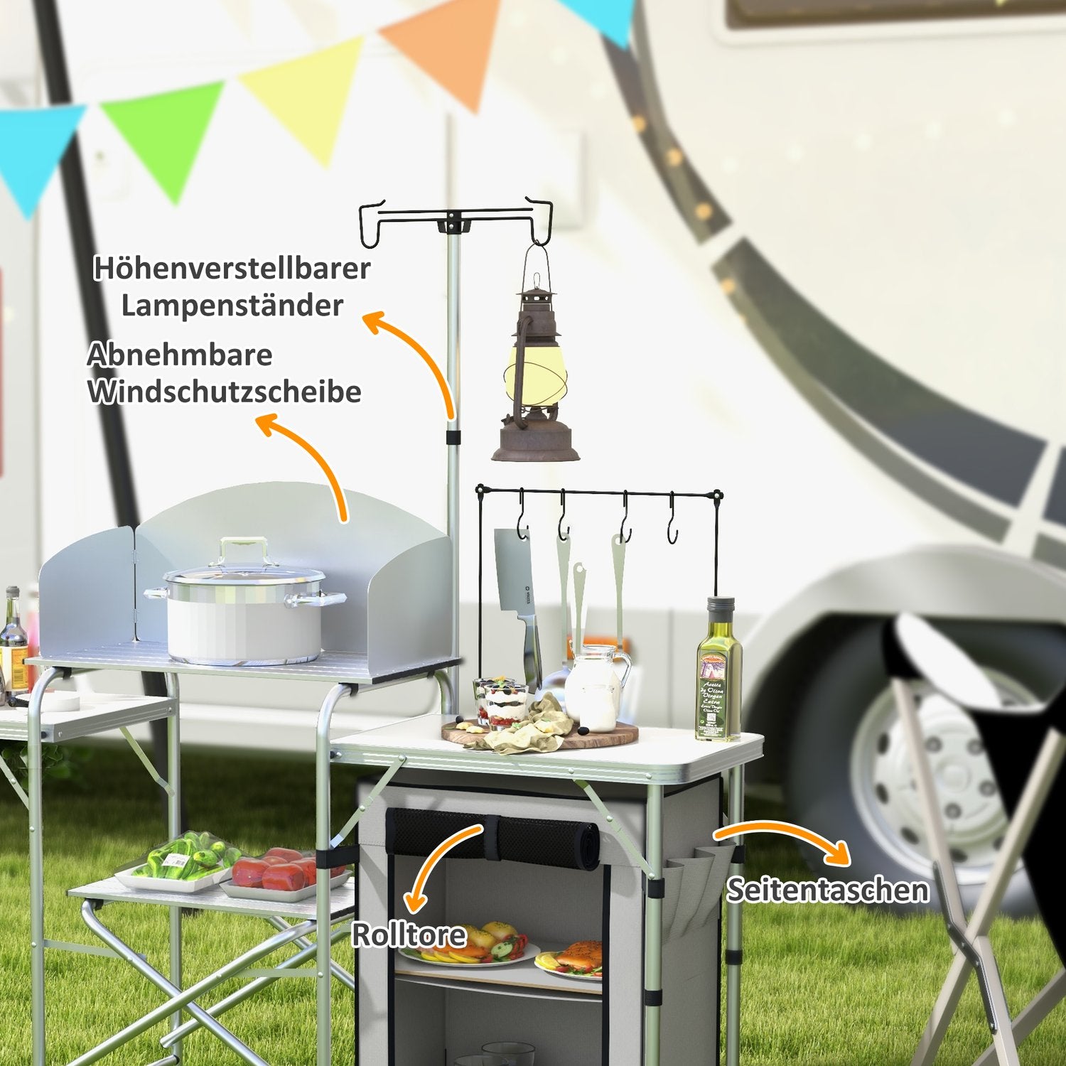 Utomhusfällbart campingkök med UV- och vindskydd